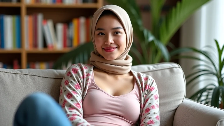 1 young malay girl in hijab, wearing plain sweater, soft smile, blushing cheek, dining table, upper body shot, chest leaning on table, hands on the table, D cup chest (8k, RAW photo, best quality)