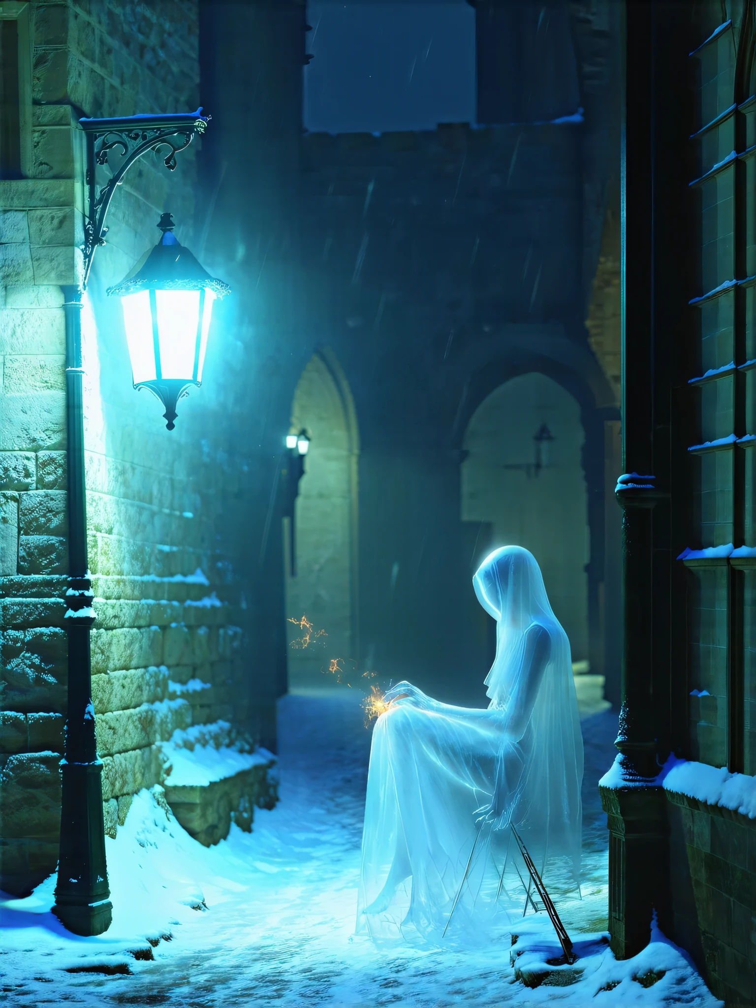 A Lone Figure Under a Streetlamp,Ghost of the Little Match Girl, transparent body, vacant eyes, looking down, sitting under a dim street lamp, lighting a match, spooky atmosphere, medieval streetscape on a snowy winter night