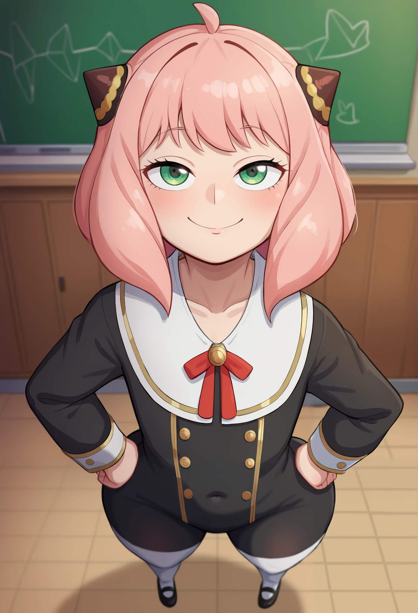 score_9, score_8_up, score_7_up, Yamathegod artsryle, 1girl, solo, anya forger nsfw, (/spy x family/), girl, size difference, very short girl, from above, looking up at viewer, Anya is way shorter than viewer, innocent, pink hair, hairpods, school uniform, Anya Forger dress, dress, black dress, yellow, green eyes, sleeve cuffs, gold trim, flat chested, huge butt, butt focus, thick thighs, tight body, white thighhighs, age difference, immature, under-aged, younger girl, middlet-girl, Anya is 120 cm tall, half-closed eyes, looking at viewer, smile, hands on hips, indoors, classroom, chalkboard, yamathegod style, Big eyes, cute