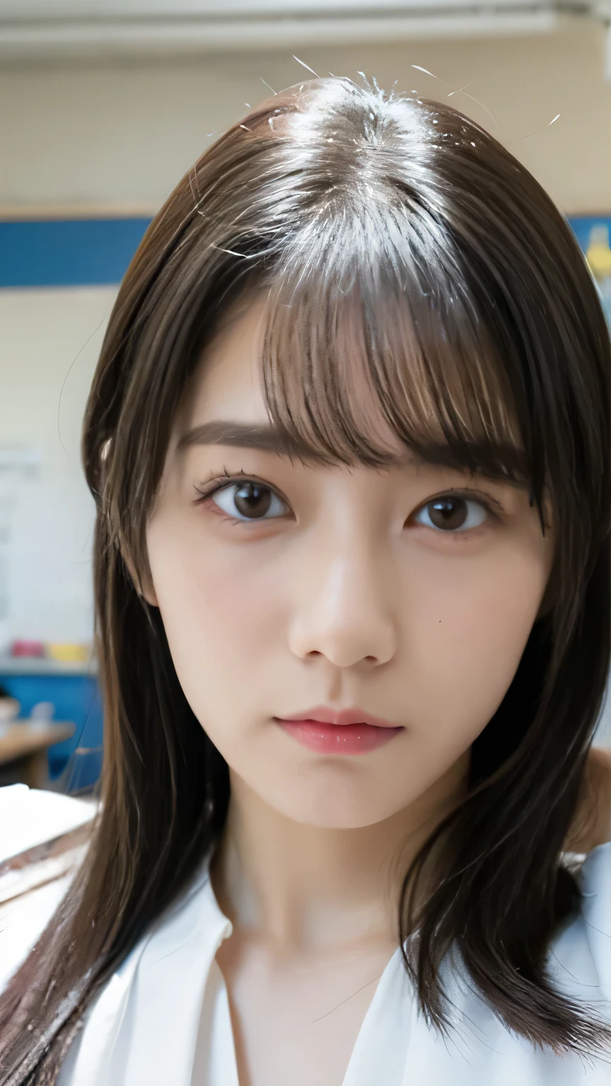 one girl、 masculine style images 、slender on the background,female college student、simple background,pussy、nipples,open front shirt、bangs、school classroom from below、medium breasts、pussy