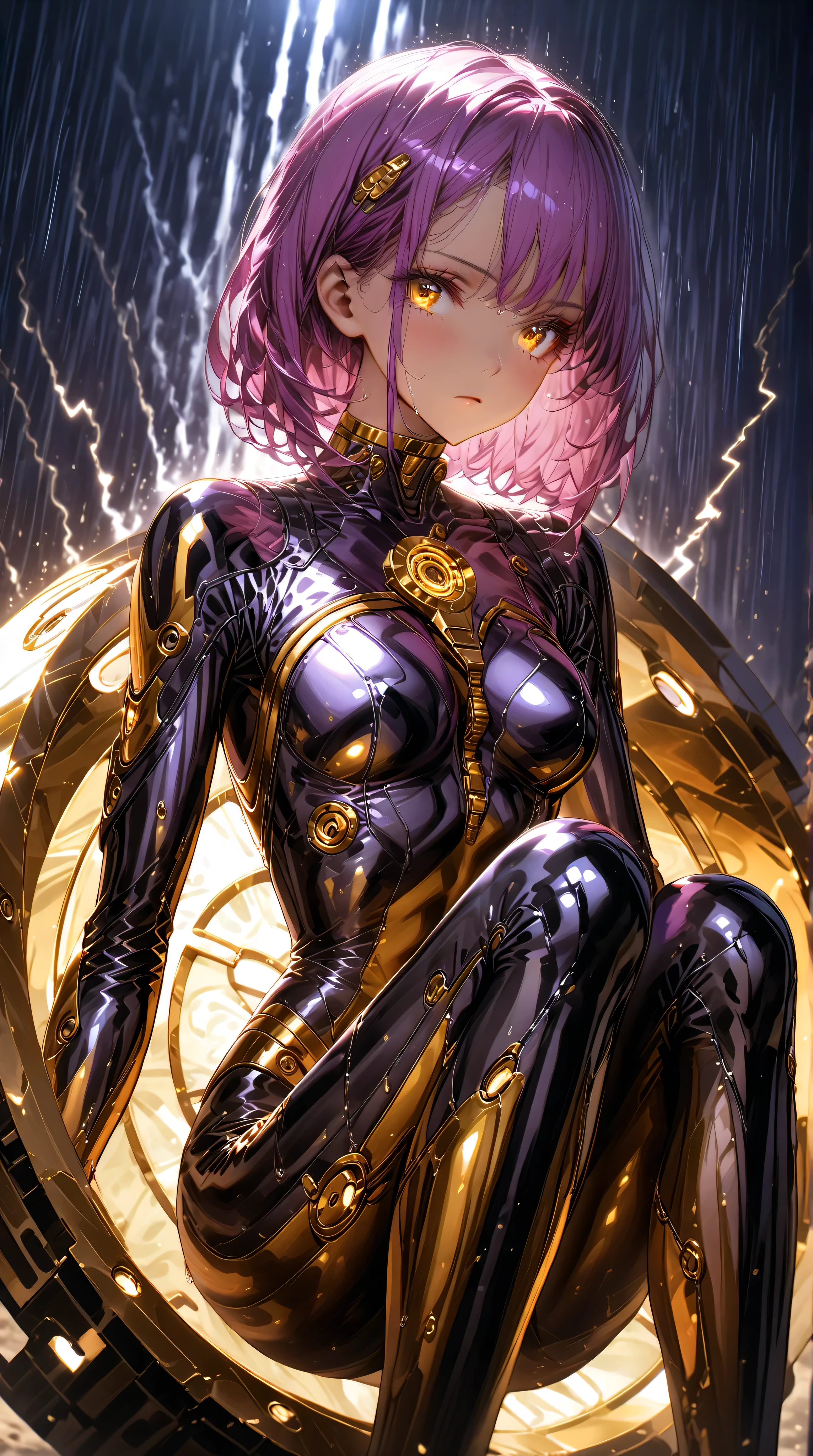 ((masterpiece, high image quality ,8k)),(( very detailed ,perfect picture)),(perfect anatomy),(ultra detailed), robot woman,Machine Body,wet,(purple tight pilot suit),((sit)),knees up, Exposure,Thin fabric,chest visible,(((The giant golden wheel is in the background))),(classic wheel),(mechanical wheel),(thunder),( purple sky),Mechanical,(A lot of lightning ),((night,In the Storm)),heavy rain, black clouds,(blunt ends),very short bob hair,golden eyes,expressionless,sexy lady,highlight breasts