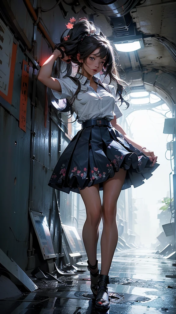 (masterpiece), best quality, detailed black hair, (((wearing a realistic and detailed white short skirt and school costume))) detailed perfect skin, intricate perfect beauty face, detailed sharp beauty eyes, (((from face to the waist))), (((beauty slim shape))), 4k, UHD