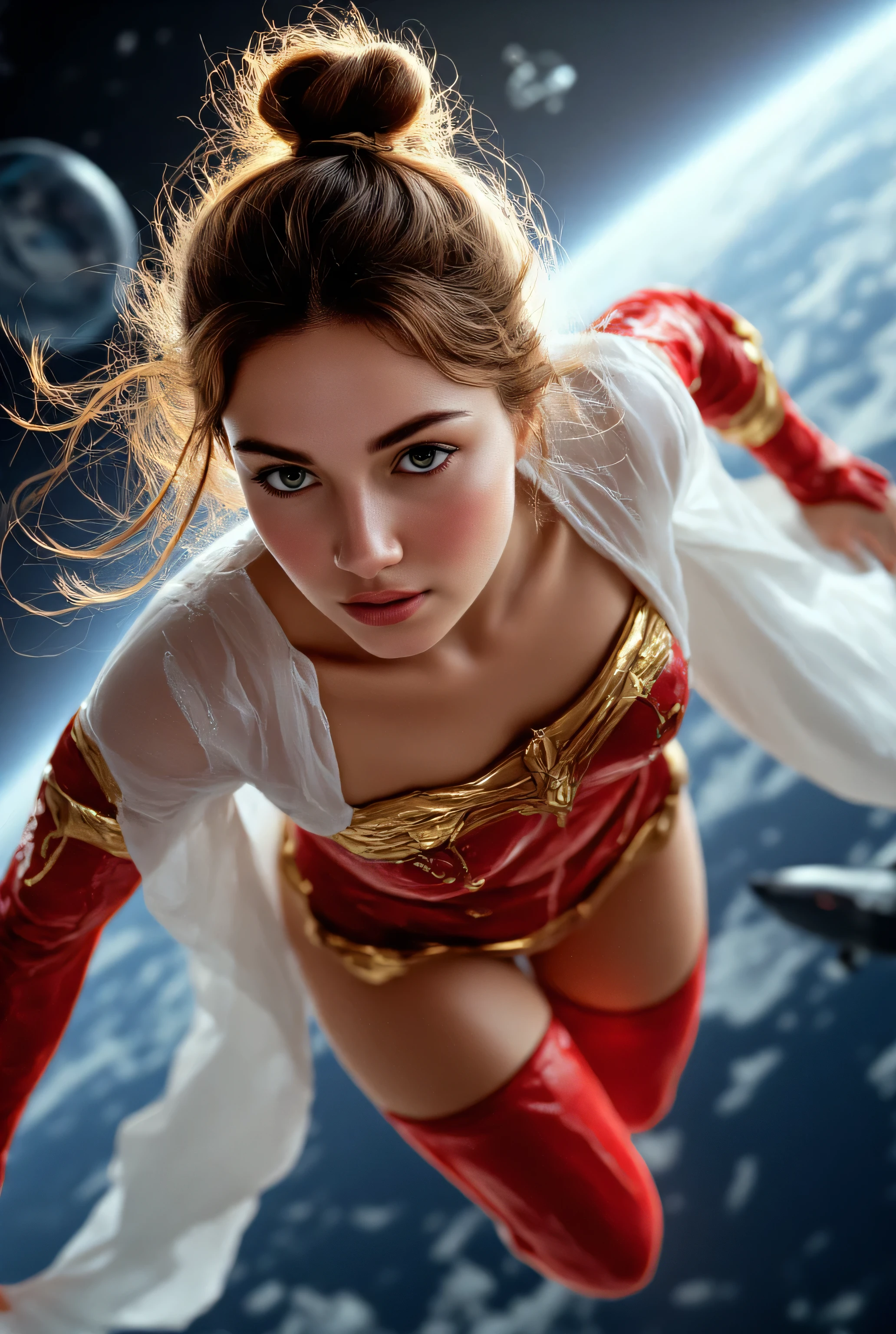 young superhero woman, pale green eyes, thick dark eyebrows, freckles, scar across eyebrow, athletic toned body, wearing red superhero suit, with gold patterns, accented with white and silver, no belt, gold falcon symbol across chest, wearing white cape Messy bun, auburn hair, super Detailed, full body, , Cinematic, fighting in space flying through spaceships masterpiece, , epic composition, photorealistic, high quality, extremely detailed,