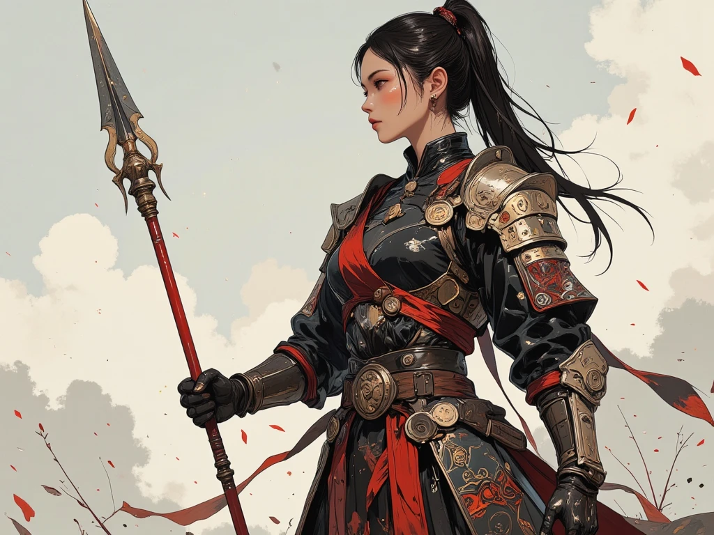 A stunning and confident female Spearmaster warrior, embodying the essence of wuxia. She wields a symmetrical double-bladed spear that splits in half for rapid, devastating dual attacks, mastering the Thassel Bleed style. Her armor is intricately designed, elegant yet battle-ready, colored in deep red, black, and white accents, crafted from lightweight yet highly durable materials. She wears high boots, gauntlets, greaves, shoulder guards, elbow guards, and bracers, all adorned with traditional wuxia-style engravings and patterns. Her long, flowing ponytail reaches her lower back, with a single white strand framing her left cheek, enhancing her fierce yet graceful presence. Her facial features resemble those of classic wuxia heroines—striking and refined—complemented by subtle makeup matching her armor's colors. She stands confidently, gazing into the distance, exuding an aura of skill, determination, and admiration for the world around her, ready to face any challenge