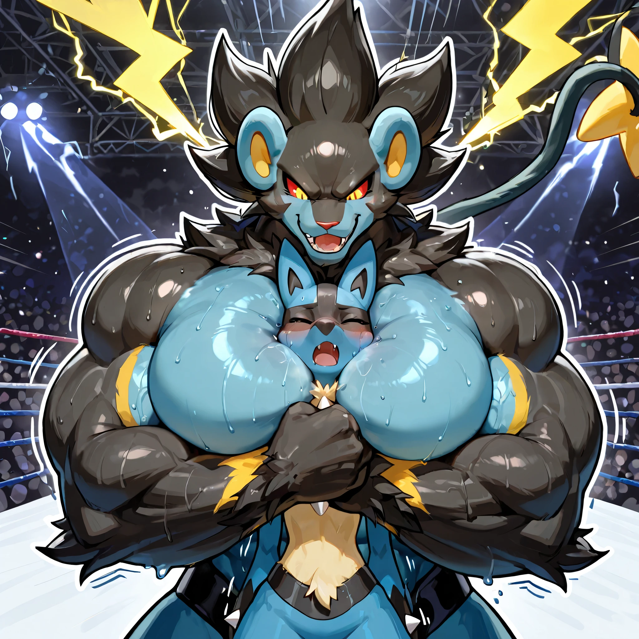 giant feral luxray, small feral lucario, wresling, choke hold, [luxray:carrying person, head lock, arms around neck, heavy weight bulky muscular, giant plump strong body, venis popping, evil grin, wearing wretling spats, sweaty], [lucario:small build, head between arms and pecs, pain, close eyes, open mouth],size difference, motion blur, motion line, wrestling background, lightning thunder trails