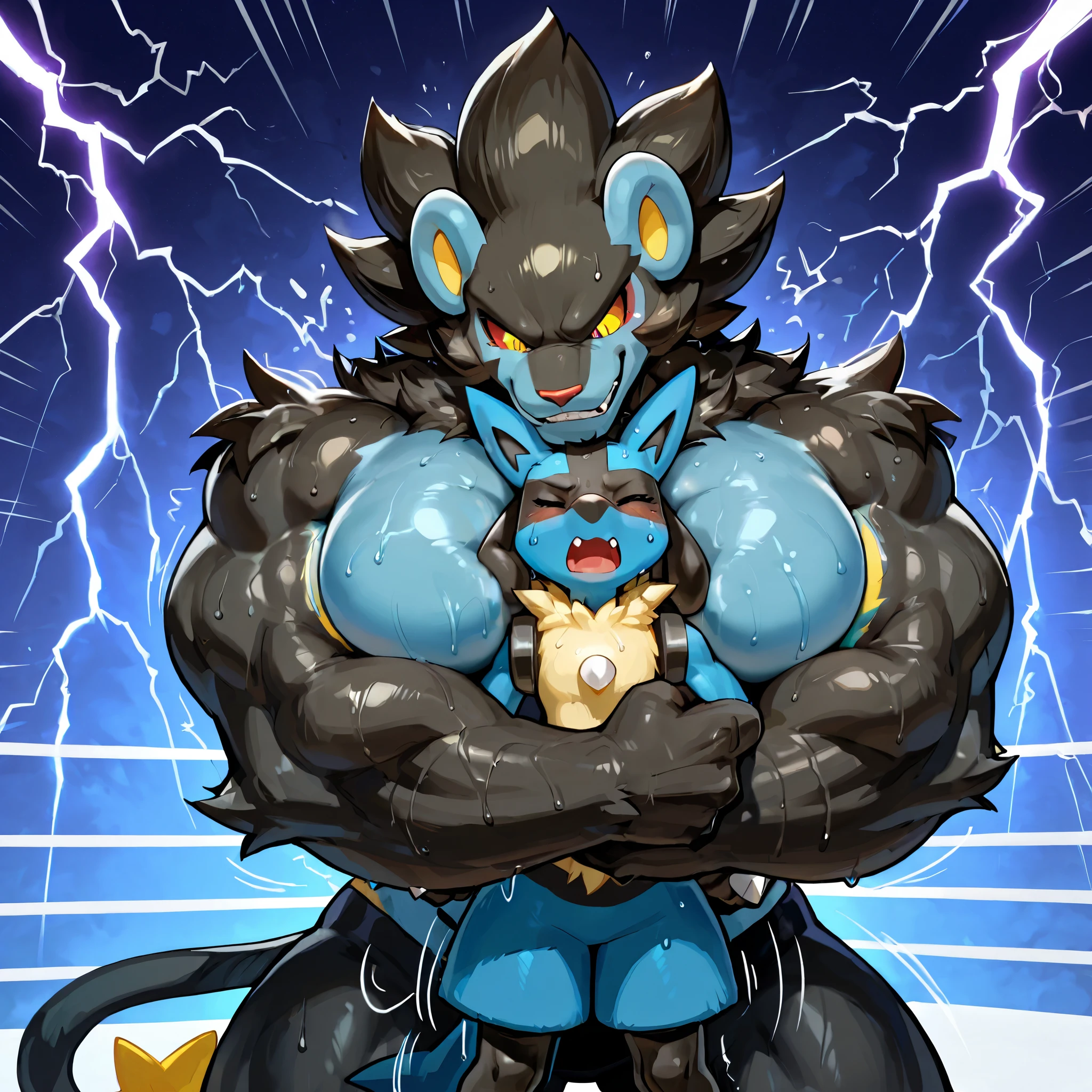 giant feral luxray, small feral lucario, wresling, side choke hold, [luxray:carrying person, head lock, arms around neck, heavy weight bulky muscular, giant plump strong body, venis popping, evil grin, wearing wretling spats, sweaty], [lucario:small build, head between arms and pecs, pain, close eyes, open mouth],size difference, motion blur, motion line, wrestling background, lightning thunder trails, from side