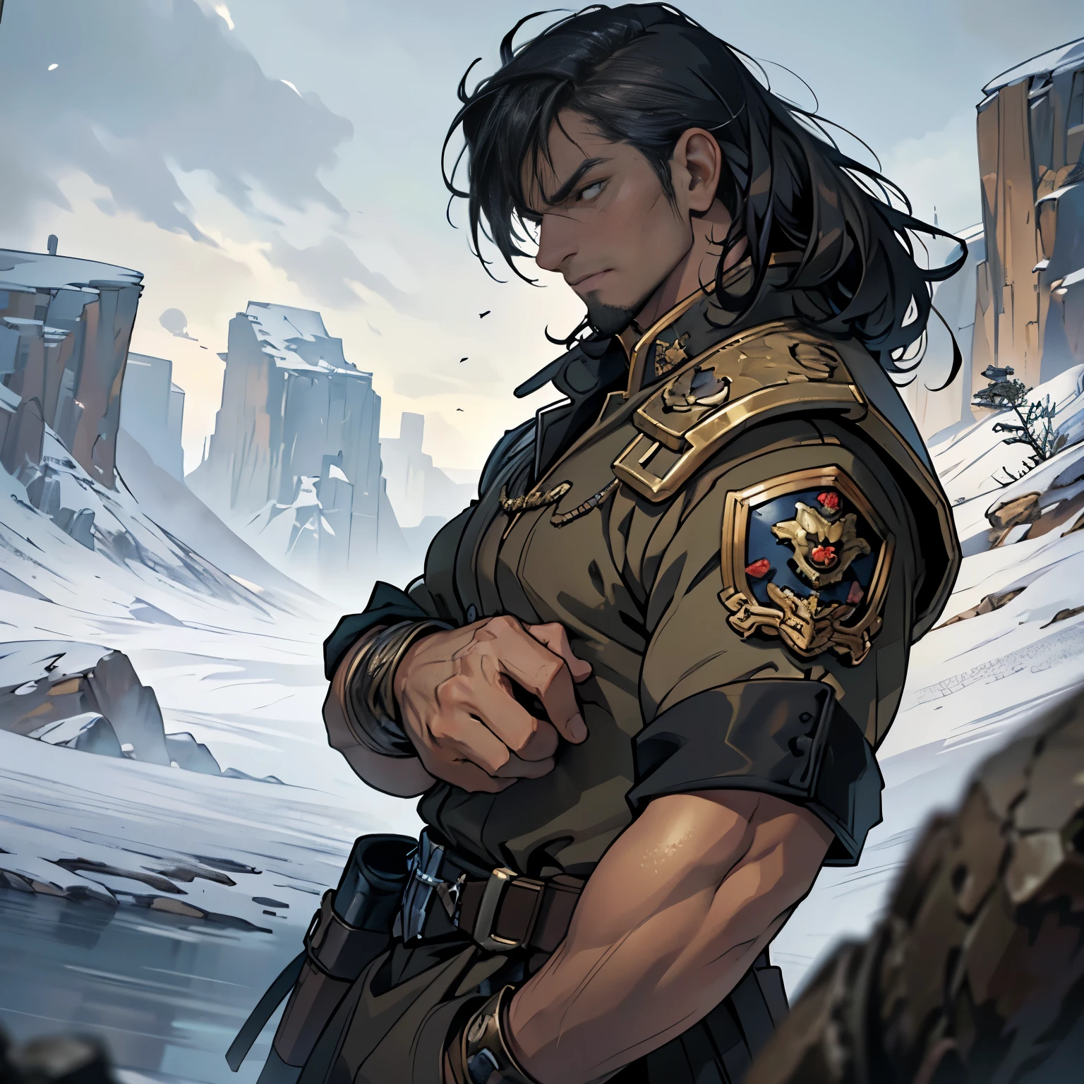 ((Best quality)), ((masterpiece)), ((realistic cartoon)), ((perfect character)):
In this stunning and highly detailed realistic cartoon, we present a male human. The man stands tall, a middle-aged man, and he's Tempestus Scions from Warhammer 40K, and powerfully built, he has tan skin, and long raven black hair. he had grey eyes, wore an old USA military uniform, and had a strong balanced muscle body.
Every element of this masterpiece is carefully designed to create a sense of realism and immersion. The intricacies of the man's clothing, the mesmerizing effects of the area around him and he was in landscape in winter season, and the level of detail in his weathered face all contribute to a captivating visual experience. This artwork is presented in stunning UHD resolution, allowing you to appreciate every nuance and intricacy in breathtaking detail.
Eye level, scenic, masterpiece.