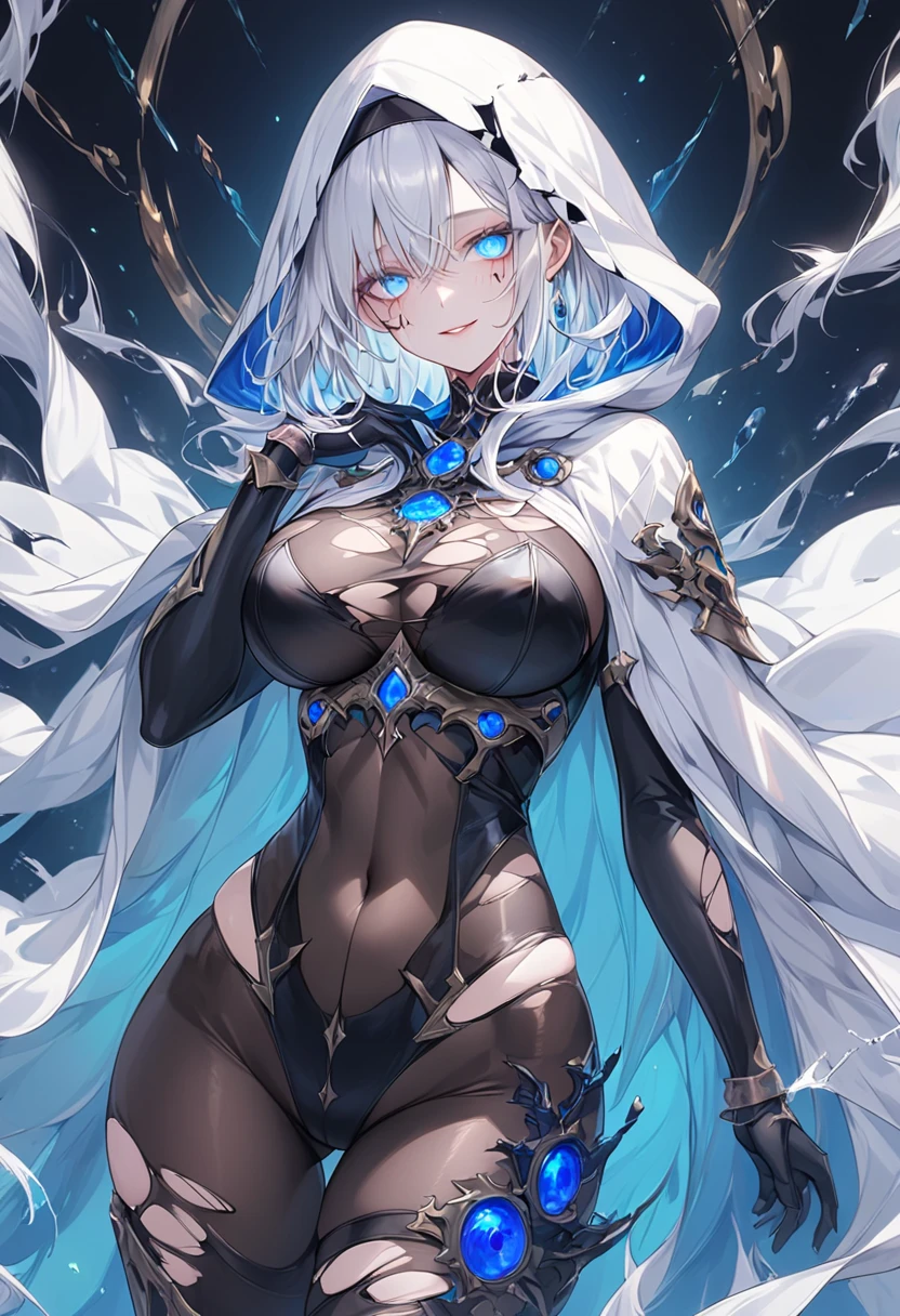 Masterpiece, very detailed, ultra detailed, one, (1 woman), She is in obsidian armor with blue details and in an elegant pose, super mature, tall, mom, mature mother, chocolate skin color, dark skin color, tanned skin color, super long hair, bright white white hair, white thin dragon horns, beautiful, charming, bright blue eyes, elegant, athletic body, six pack abs, big breasts, Neutral face, charming, dark background, bold atmosphere against the background of nature and forest.