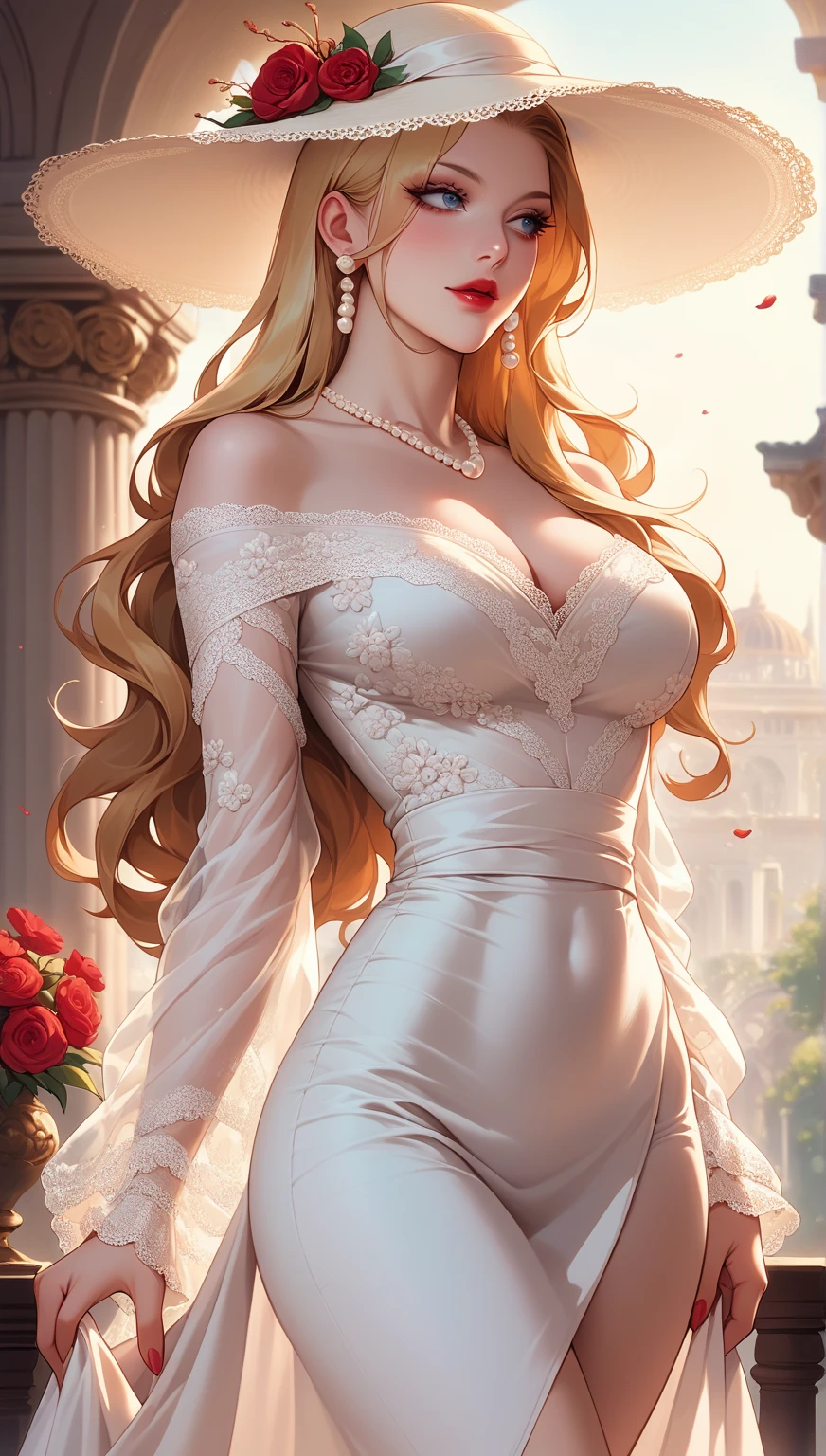 (((Masterpiece))),(CG),best qualityer, illustration,(8K), (Beautiful Meticulous Girl),beautiful detailed glow, illustration, Mature women,full bodyesbian,Solo,Sitting,evening formal robes,Brown hair,covering breasts,Brown eyes,Long hair,hair pin,Large breasts,White heels,Smile,White pantyhose,