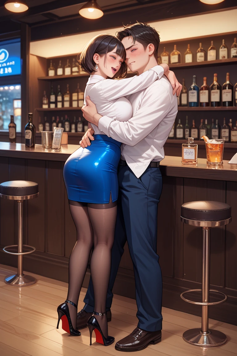 Photorealistic, real girl, sexy VIP girl leaning on a bar doing a standing split, show entire leg of leg that is extended, cute foot pointing her toes, pantyhose feet,  (((black hair)(long black wavy hair with bangs, black bangs hair))), black pantyhose with cotton gusset at the crotch, skimpy black flare mini leather skirt and tight crop top, 20 yrs old, black sheer gloss pantyhose,  cute bubble butt in pantyhose out to the side, (((black pantyhose with cotton panel crotch))), one leg is straight up hyper extended, holding leg up with one arm, hand grabbing ankle of leg that is up, girl face is beautiful and looking right at the camera, photorealistic, shiny realistic black pantyhose, (((cute pantyhose foot above her head, (show her foot on extended leg), she leans on a bar in a night club, (((sexy slutty girl at a fancy NY bar))), (((handsome man in grunge rock clothing stands beside her and also holds her leg up by her ankle and rubs his dick on her silky pantyhose crotch)))