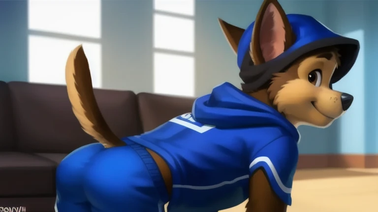 slightly chubby dad male grey wolf with small human blue eyes, no eyebrows, wearing a dark blue Adidas tracksuit, no pants white briefs, white socks, 4k, best quality, masterpiece, physically-based rendering, by hinami