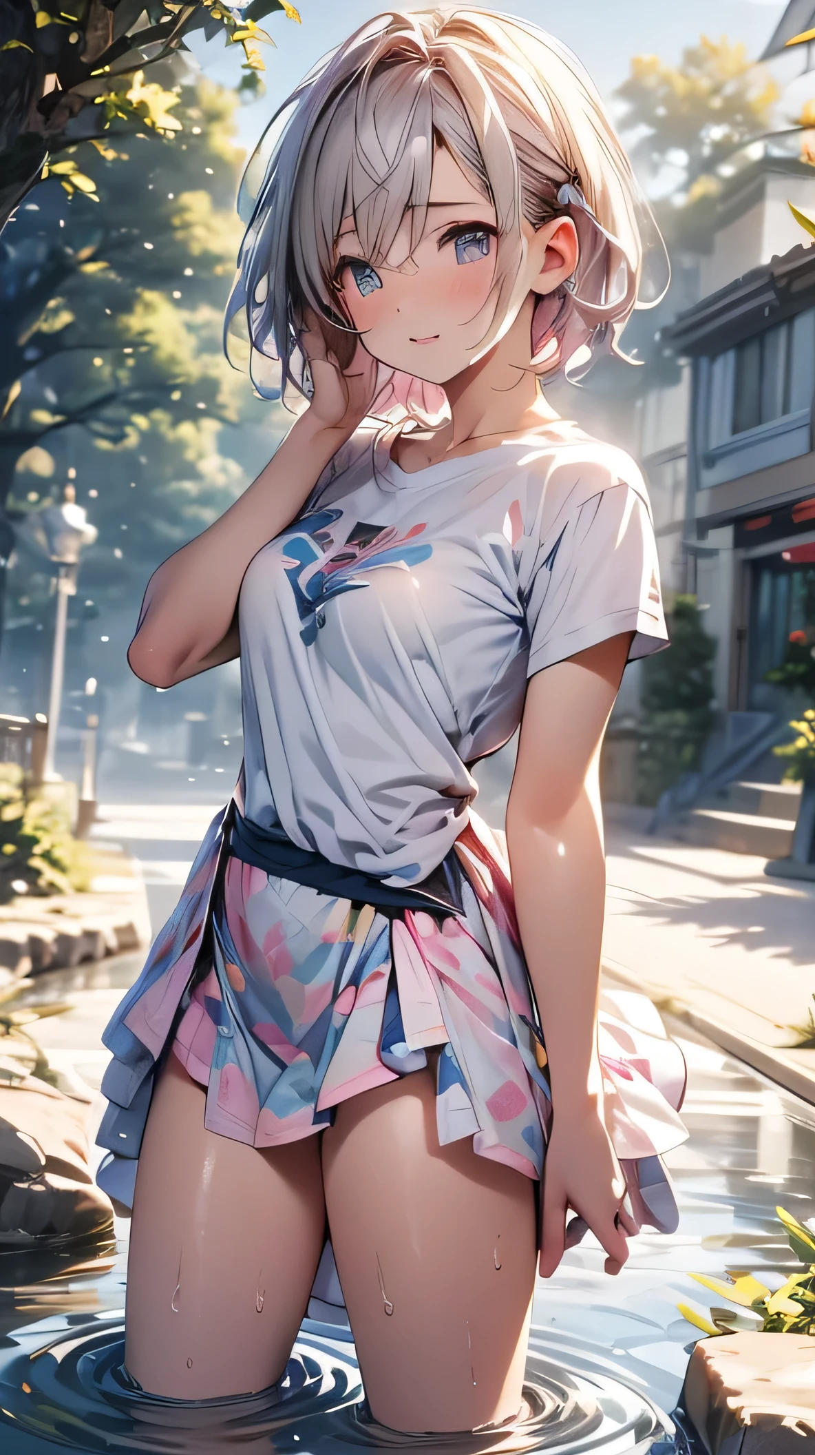 striped hair, gray hair pink、stupid hair, wet hair, listening to music with white headphones、Impressionism, portrait shooting、 Ray Tracing, backlight, masterpiece, accurate, textured skin, Advanced Details, high quality, High Resolution, Super Detail, 1080P, detailed face, detailed eyes, Detailed five fingers,t-shirt, striped skirt, tears, outdoor, Sunny midsummer , detailed eyes、 Blizzard 10 、HYDRITE, thighs, destiny \(series\), ****, skirt, thigh-high socks、full body shot、8k