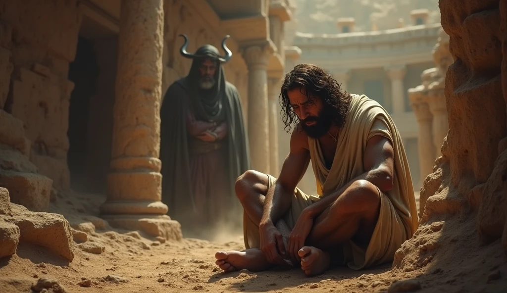 "A dark, somber, and realistic panoramic scene depicting the intense suffering of Job (Jo) from the Bible. In the foreground, Job is seen as a broken man, his body covered in painful sores and chagas, kneeling or standing in despair. His face is filled with anguish, eyes wide in shock, and mouth open as if crying out in pain. The background shows the tragic aftermath of his losses: dead animals scattered across the ground and the blurred, indistinct forms of his dead children lying motionless. The entire scene is filled with a sense of overwhelming grief and devastation, with the landscape around him bleak and desolate, emphasizing the magnitude of his suffering and loss."

