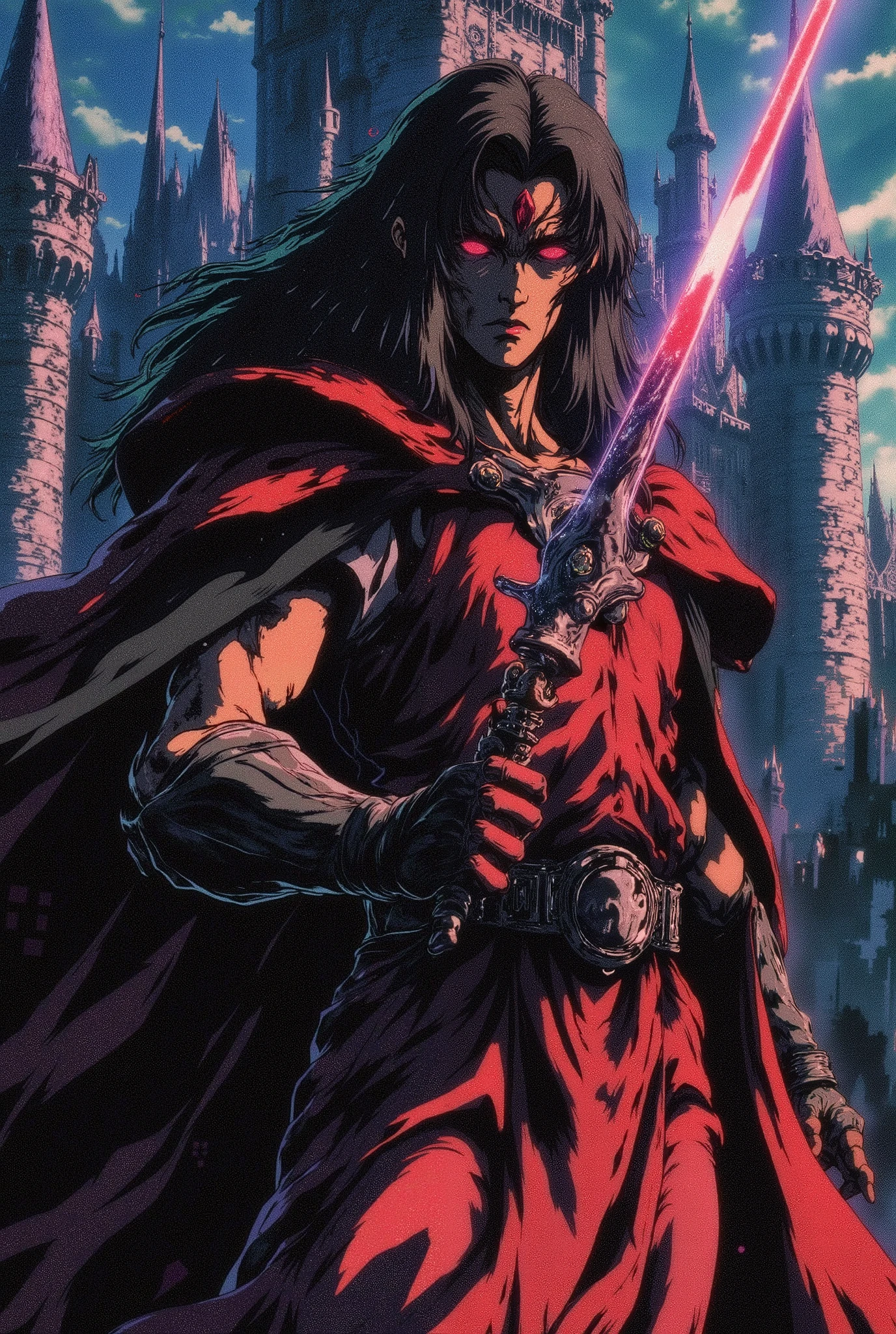 man with dark skin, long black hair, dressed in a red medieval tabard, red eyes, black leather gloves, torn cloak with voluminous black hair on the shoulders, look of superiority and sarcastic smile, castle