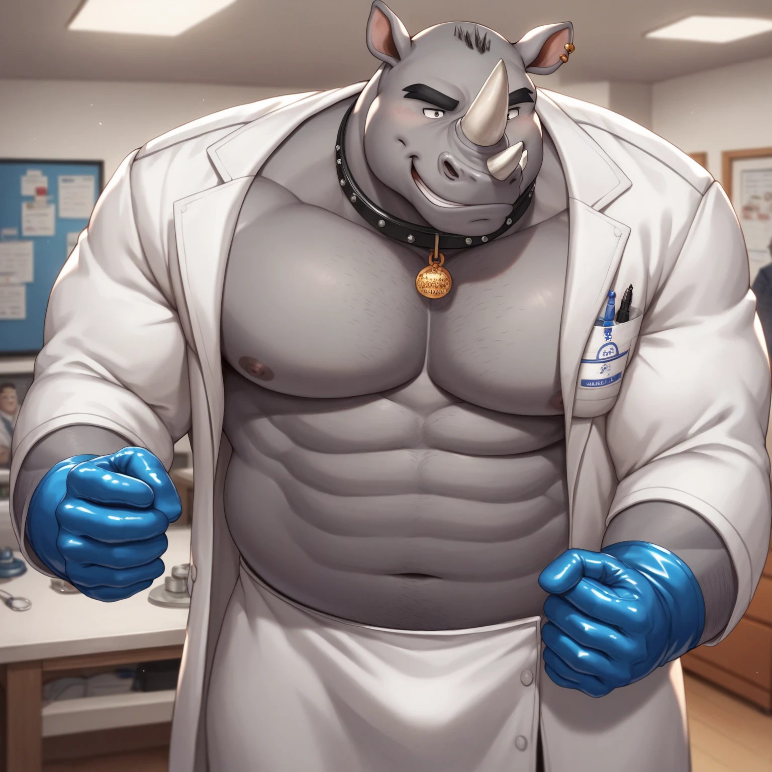 A male, fat, naked, extremely obese, doctor, Hippopotamus, with a giant hyper penis and nipples, Hippopotamus is ejaculating an extreme amount of sperm from the penis with immense pleasure, Hippopotamus is wearing glossy light-blue rubber gloves on the hands, wearing glossy light-blue rubber gloves on the feet, Hippopotamus is wearing a thick glossy white rubber bow tie around the neck, Hippopotamus is wearing a glossy white lab coat, thick white bow tie and gloves are glossy in texture, sperm is sticky in texture, Hippopotamus is clutching penis with hand, rubbing penis with hand, clenching teeth, orgasm face, evil grin.