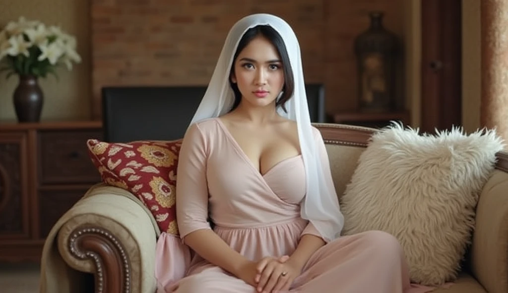 RAW, Best quality, high resolution, Masterpiece: 1.3), Beautiful Malay woman in hijab, Masterpiece, Perfect slim body, Beautiful big eyes, watery eyes, Soft smile, wet lips, big breast, ((wearing Square Neck Bow Front Floral Jacquard Dress)), windy, skin details, skin texture details, thick thighs, sexy body, morning time, happy, bright sunlight, blurred background, bokeh, ((cleavage)), big breasts, sexy hips, half body , ((dress color white )), ((different poses))