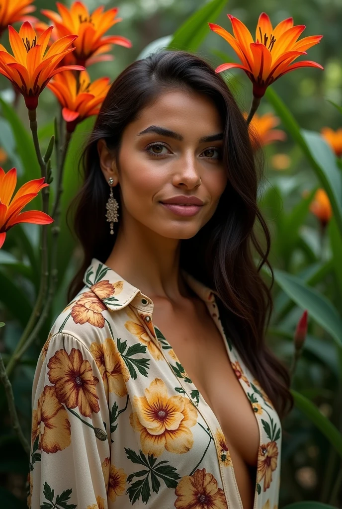 A Brazilian woman in a lush tropical garden, wearing an open shirt with a floral print, with a close-up capturing the harmonious beauty between her breasts and the natural flowers, showing off your natural charm and outgoing personality.