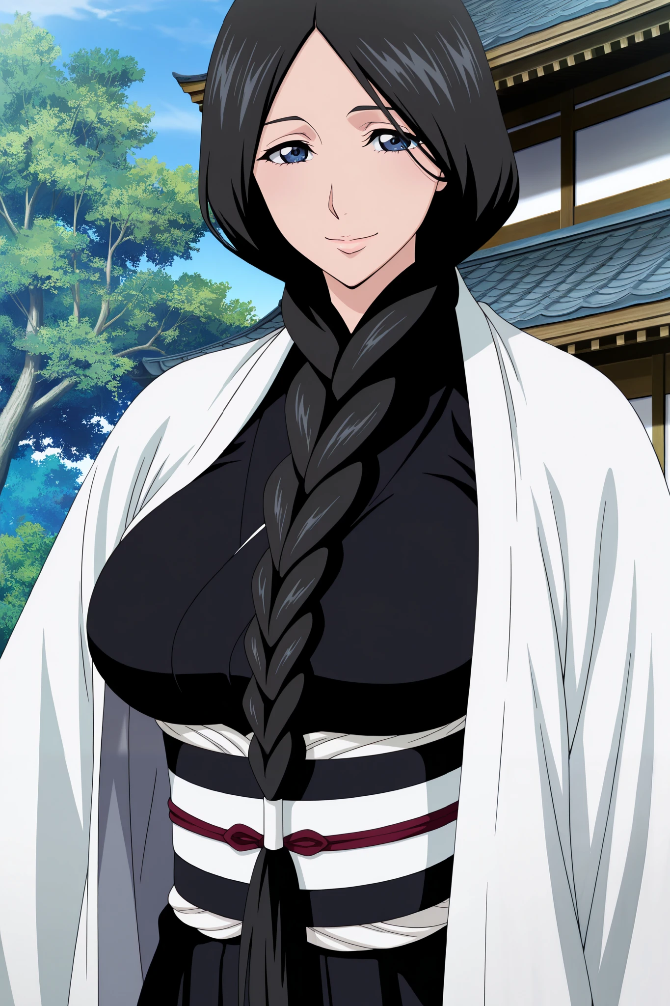 masterpiece,best quality, amazing quality, very aesthetic,anime screencap ,1girl, solo, run0hana, black hair, single braid, dark blue eyes, large breasts, white haori, wide sleeves, black kimono, obi, black hakama, looking at viewer, mature female, smile, blue sky, tree, east asian architecture, upper body