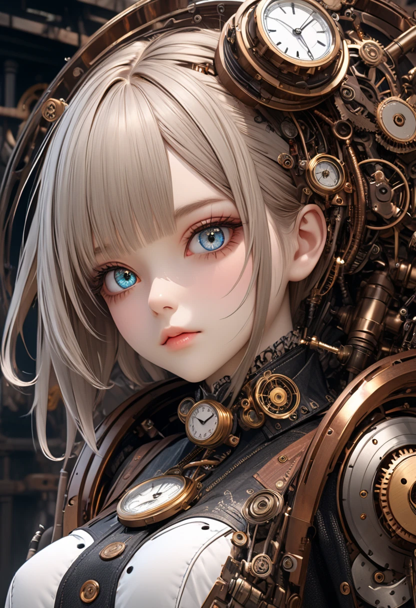 top-quality、​masterpiece、超A high resolution、(Photorealsitic:1.4)、Raw photo、Steampunk Battle Cyborg Angel、large wings made of metal、White porcelain body、Acrylic Clear Cover、white  hair、glowy skin、1 Steampunk Cyborg Girl、((super realistic details))、portlate、globalillumination、Shadow、octan render、8K、ultrasharp、character edge light,Colossal tits、Raw skin is exposed in cleavage、Details of complex ornaments、Steam engine details、Hydraulic cylinder、Small LED lamp、highly intricate detail、Realistic light、a purple eye、radiant eyes、Facing the camera、neon details、cowboy  shot、Futuristic headgear、About steampunk、、