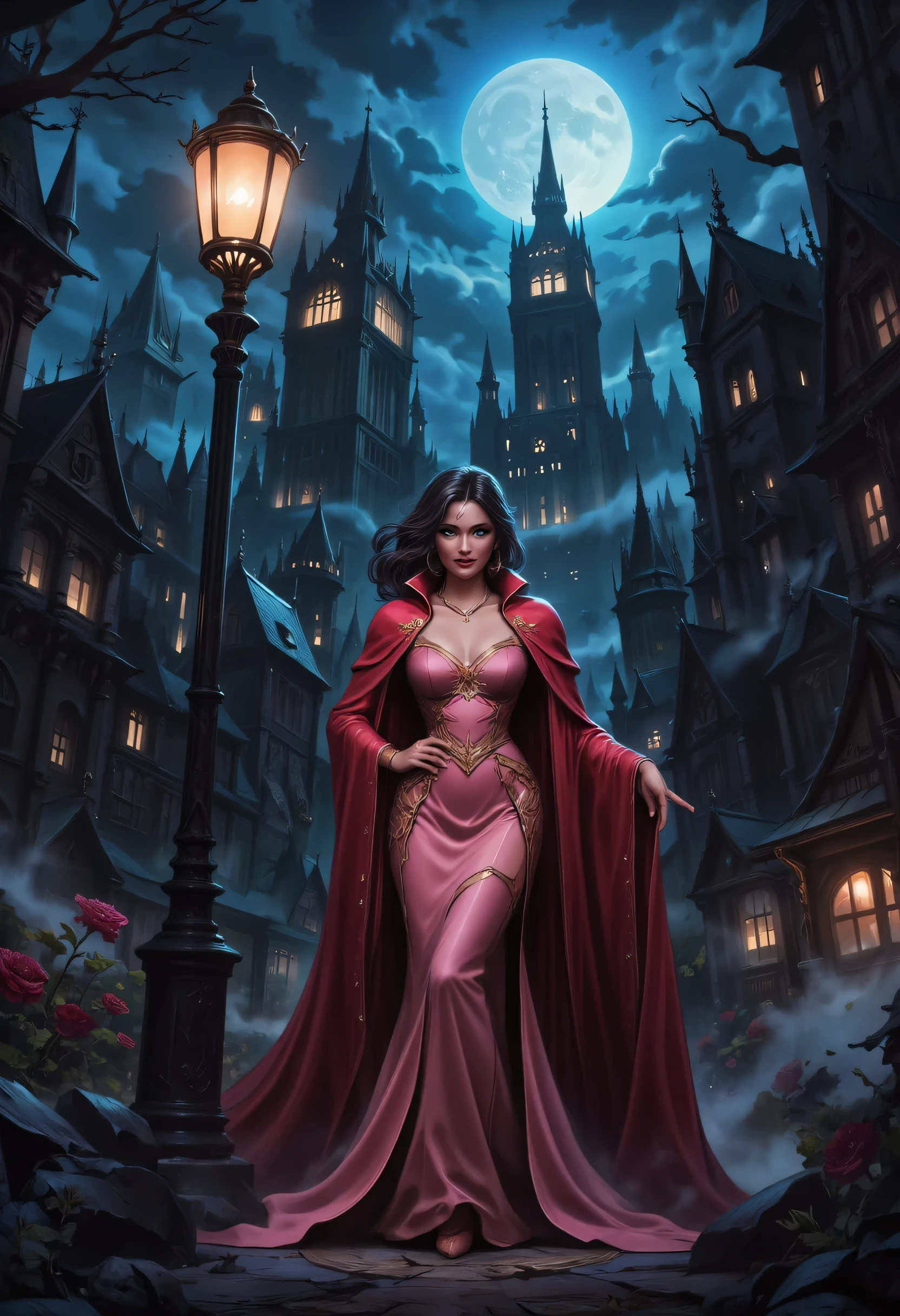 comic art, fantasy art, RPG art, ultra wide shot, a picture of a mysterious woman standing under the streetlamp, in the big city, a beautiful mature woman, elegant woman, dynamic hair color, dynamic hair style, wearing intricate pink silk dress,  billowing in the wind, flowing red cloak, high heels,  standing in goth city at night, goth buildings, moon in the sky, 16k, [ultra detailed], masterpiece, best quality, (ultra detailed), full body, ultra wide shot, zavy-ctcmcs, aidmaDarkfantasy