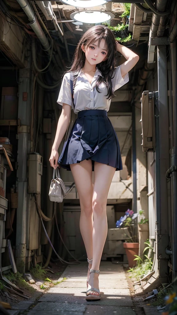 ((Viewing angle from below、Highest quality、masterpiece、32k、Every detail))、Descend the outdoor stairs、commute、Systemic symptoms、Traditional navy blue sailor uniform、White blouse、Pleated skirt、(((A strong wind blows my hair and skirt away:1.62)))、(( I always wear the strap of my bag across my body......:1.22))、One Girl, alone、(((mini skirt, No underwear:1.22)))、Big Breasts、barefoot, High heels