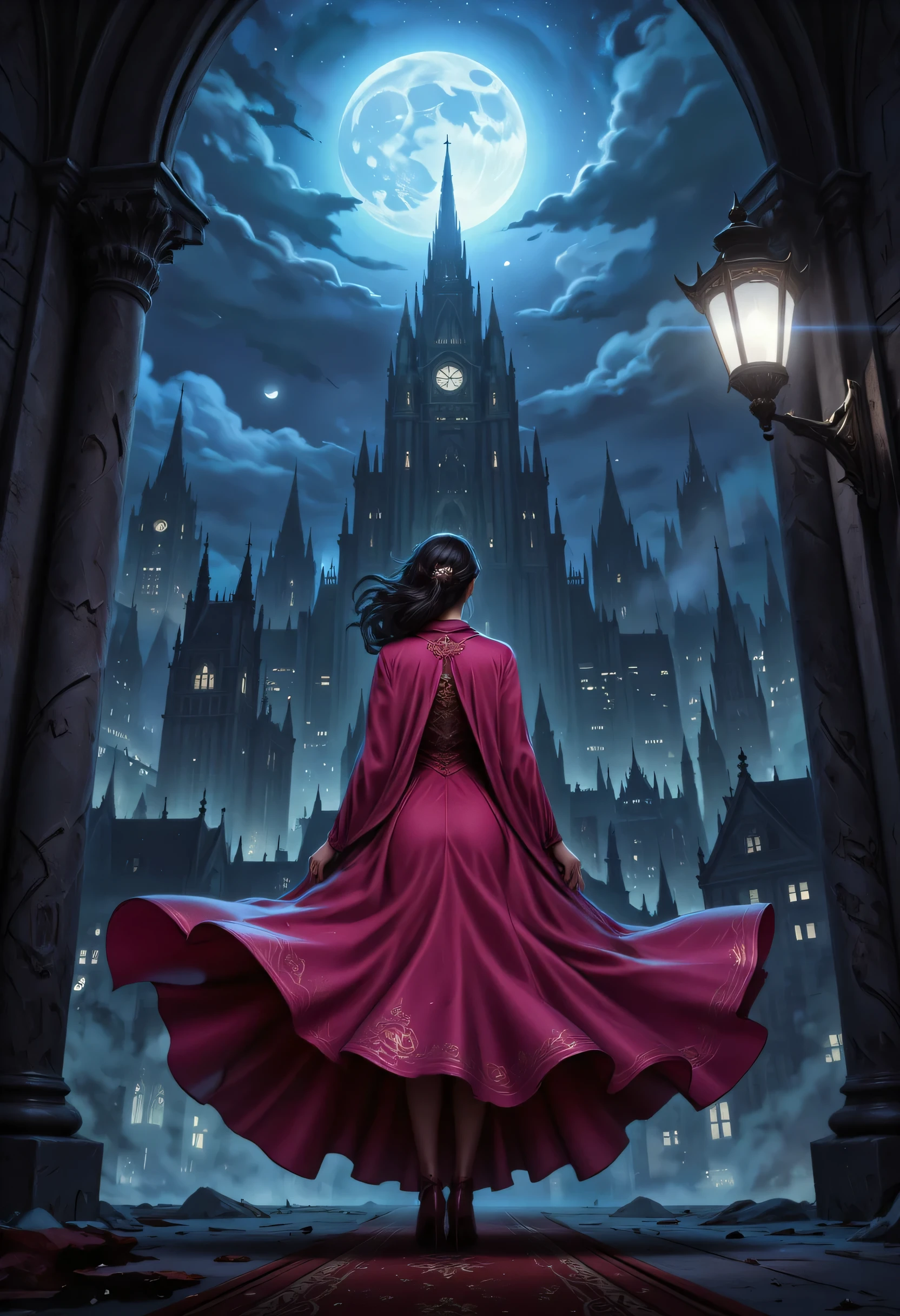 comic art, fantasy art, RPG art, ultra wide shot, a picture of a mysterious woman standing under the streetlamp, in the big city, a beautiful mature woman, elegant woman, dynamic hair color, dynamic hair style, wearing intricate pink silk dress,  billowing in the wind, flowing red cloak, high heels,  standing in goth city at night, goth buildings, moon in the sky, 16k, [ultra detailed], masterpiece, best quality, (ultra detailed), full body, ultra wide shot, zavy-ctcmcs, aidmaDarkfantasy