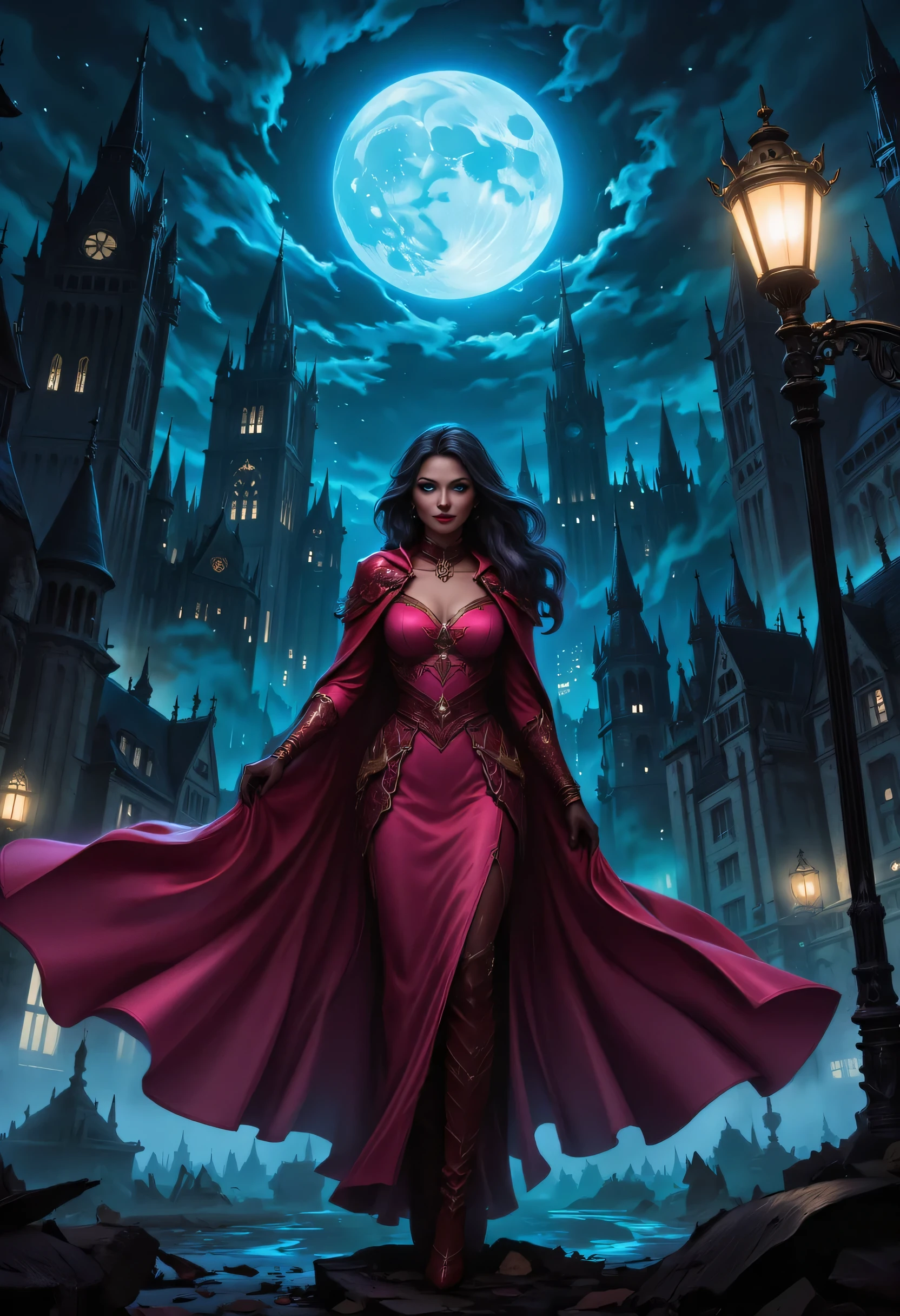 comic art, fantasy art, RPG art, ultra wide shot, a picture of a mysterious woman standing under the streetlamp, in the big city, a beautiful mature woman, elegant woman, dynamic hair color, dynamic hair style, wearing intricate pink silk dress,  billowing in the wind, flowing red cloak, high heels,  standing in goth city at night, goth buildings, moon in the sky, 16k, [ultra detailed], masterpiece, best quality, (ultra detailed), full body, ultra wide shot, zavy-ctcmcs, aidmaDarkfantasy