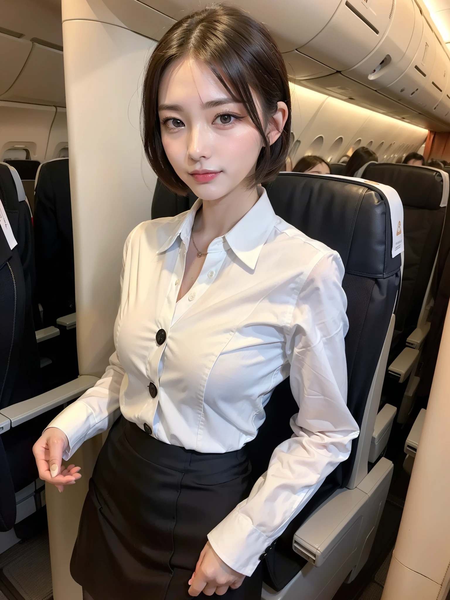masterpiece, One beautiful girl, Detailed eyes, Swollen eyes, Highest quality, 超High resolution, (reality: 1.4), Original photo, One girl, Cinema Lighting, Japanese, Asian Beauty, Korean, Very very beautiful, Beautiful skins, thin, Front facing body, (超reality的な), (High resolution), (8k yen), (Very detailed), (Best illustrations), (Beautiful and detailed eyes), (Ultra-detailed), Detailed face, Looking at the audience, Look straight ahead, Neat Clothing, No sleeve、(((Put your hair up、Black-haired)))、Medium Breast、Very small waist、46 point diagonal bangs、White background、Clean room、(Stewardess uniform、In-flight、pantyhose、Laughter、chest sticks out、The blouse is very tight、Her breasts are stretching her blouse tightly、The buttons on the blouse are tight、Nipples are visible