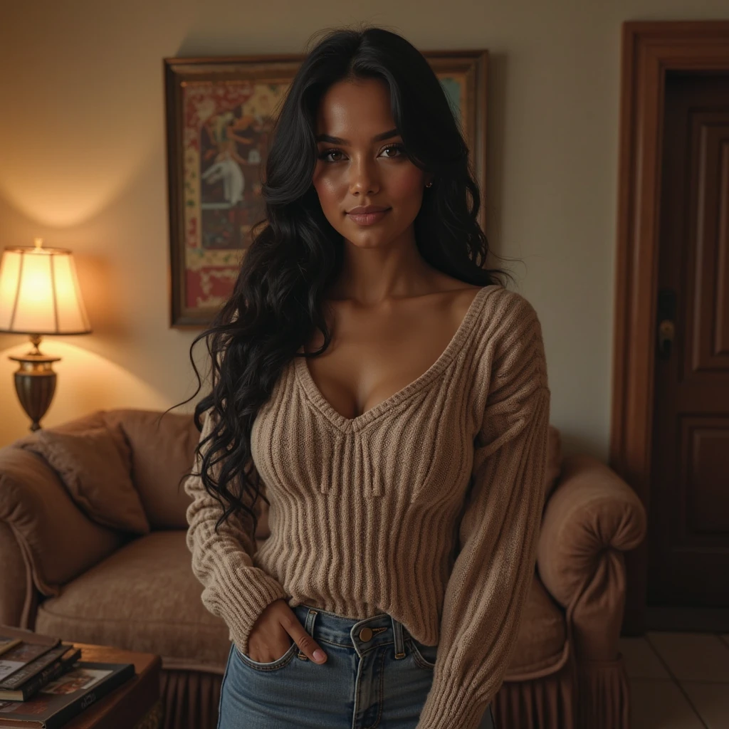 18-year-old, perfect face detailed, Adriana Chechik's face, Beyonce's body, voluptuous body, Light smile, In her bohemian-chic Marais apartment, she poses against exposed brick walls and vintage decor, wearing a trendy oversized sweater and distressed jeans, radiating casual charm, RAW format, Nikon Z 85mm