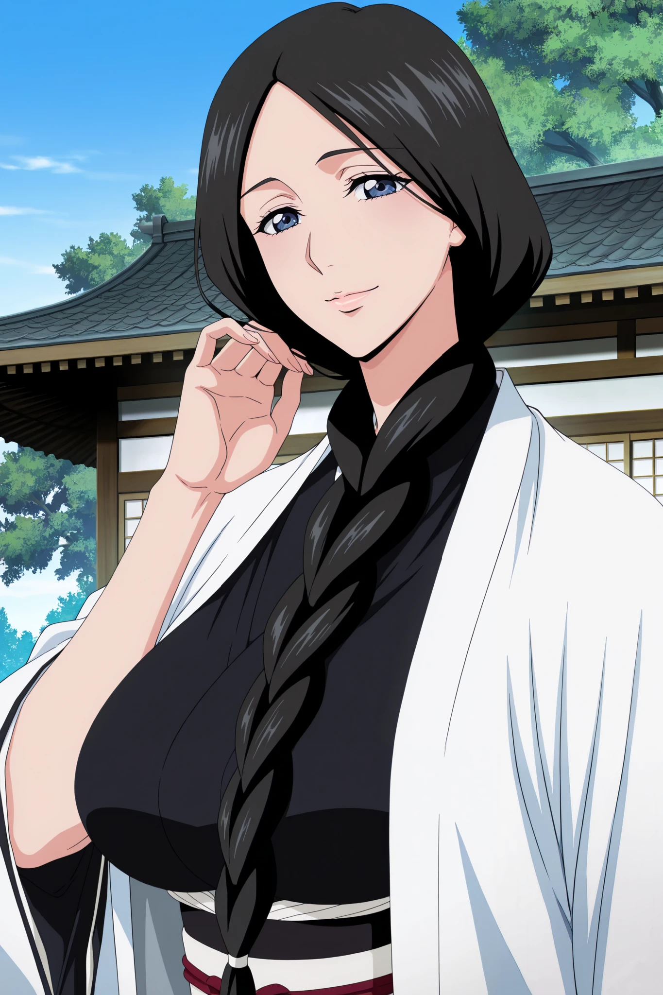 masterpiece,best quality, amazing quality, very aesthetic,anime screencap ,1girl, solo, run0hana, black hair, single braid, dark blue eyes, large breasts, white haori, wide sleeves, black kimono, obi, black hakama, looking at viewer, mature female, smile, blue sky, tree, east asian architecture, upper body