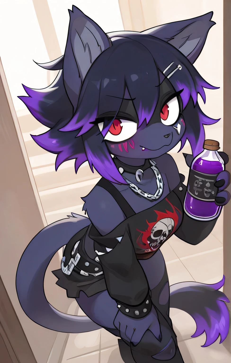in, top quality, masterpiece、 cartoon anime、female furry、 Black Beast 、Poison Master 、A bottle of acid、Scorpio Tail 、 punk