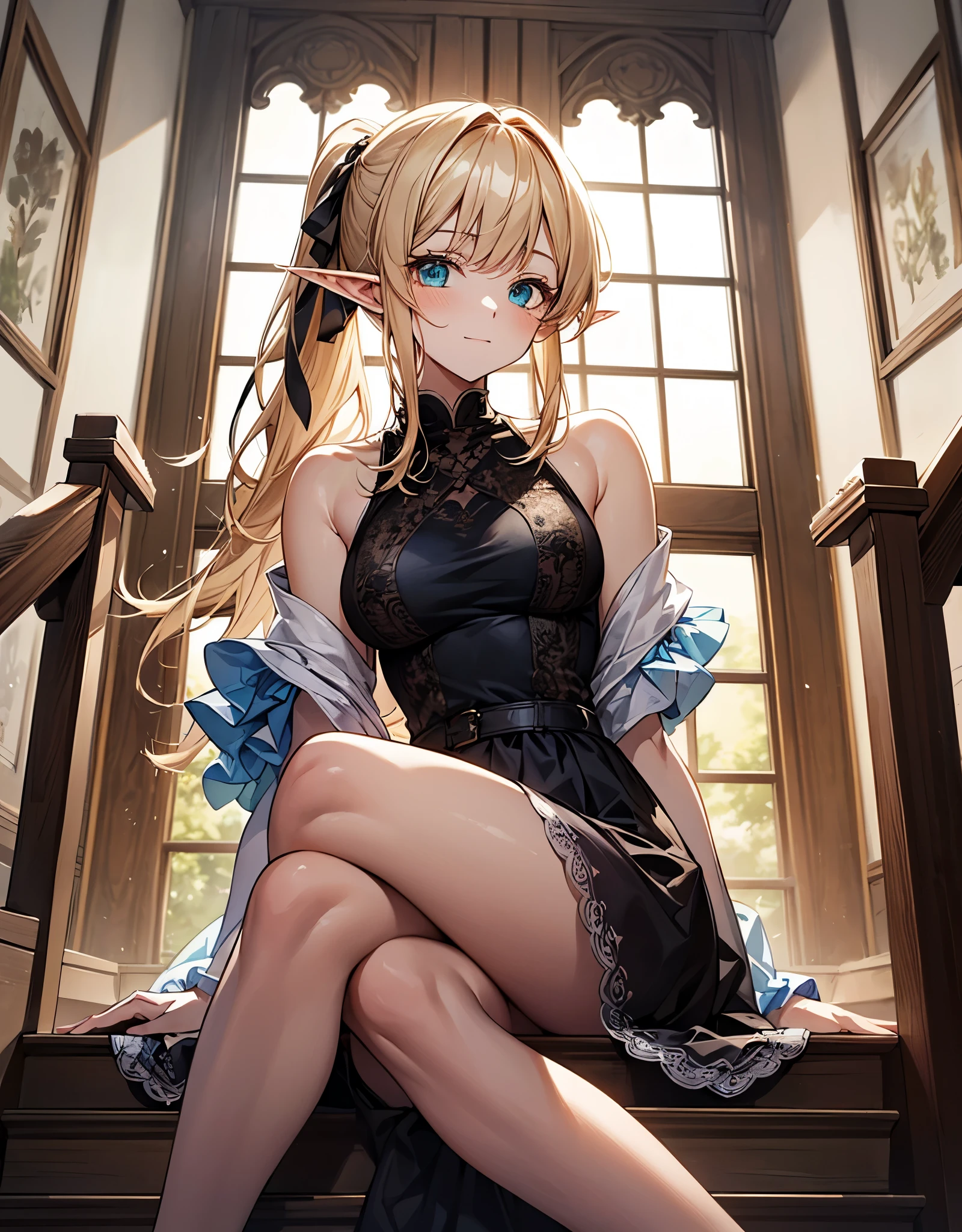 Gothic fashion woman,(masterpiece, Highest quality) detailed,Silver Accessories , blonde ,Pointy Ears ,(Lace Underwear),Double Tail,Waist-length hair,smile,White lace socks,Rococo、Gorgeous dress