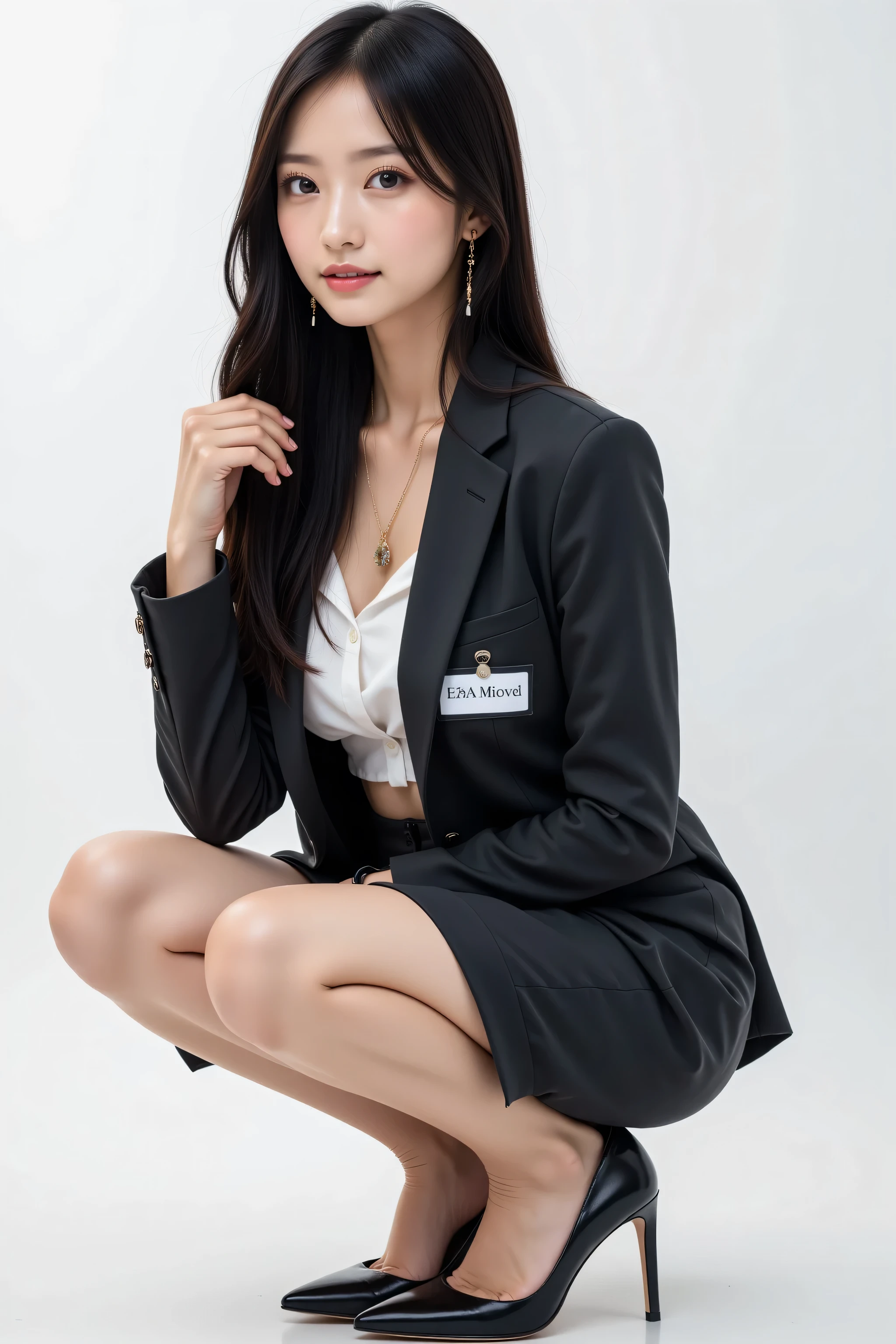Arafed asian woman in a black suit and high heels posing for a picture ...