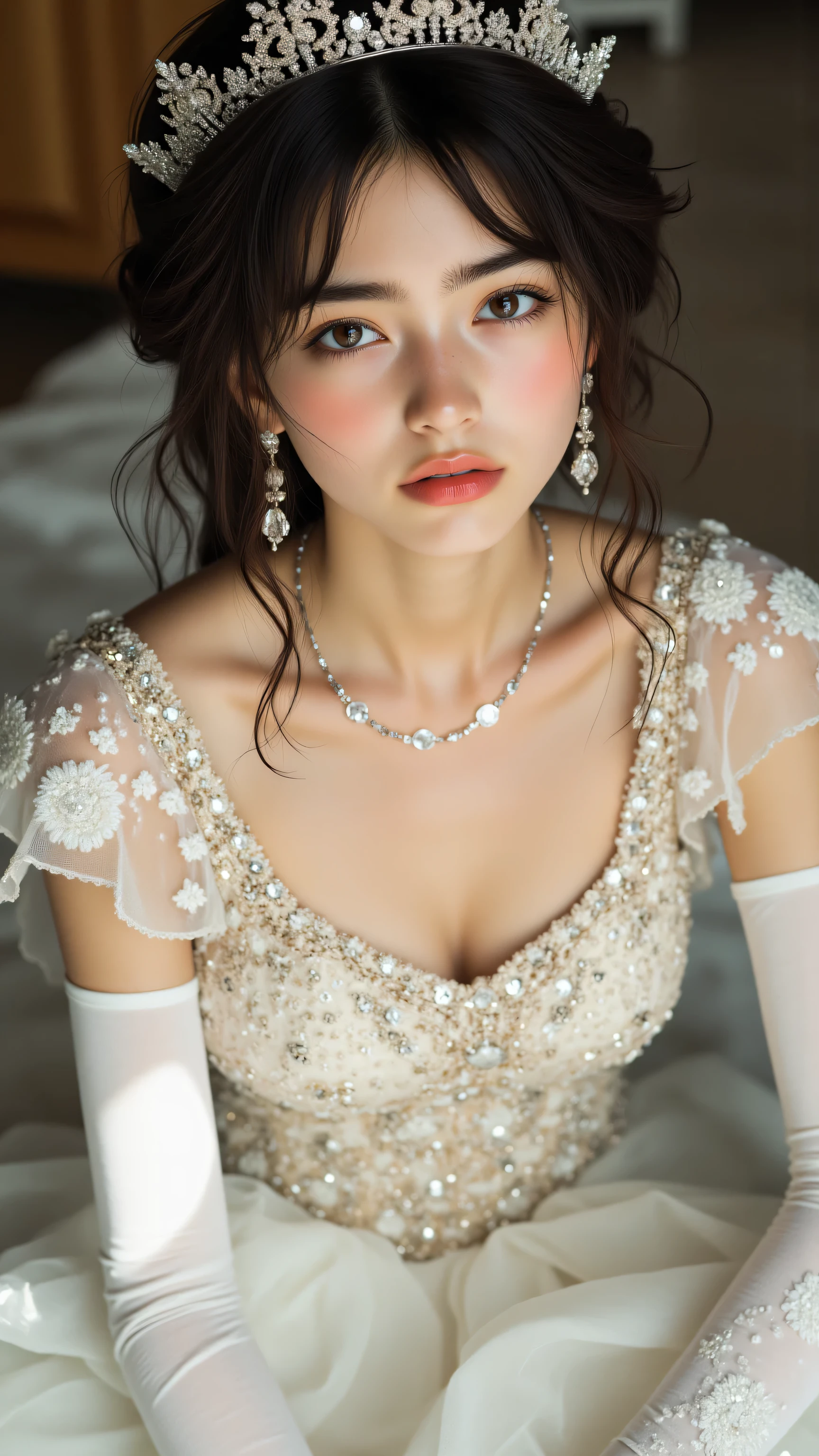 ((one person,Adrian Genius,jenny saville,Edward Hope,The Dark Arts of James Jean,Takato Yamamoto)),(original photo,best quality),(Nostalgia,1980s)),(A girl with artistic temperament:1.2),Close-up of face,(lifelike,Shoot real:1.3),Extremely exquisite and beautiful,Amazing,fine details, masterpiece,Super detailed,High resolution,Best Illustration,The best shadow,complex,Depth of Field,1 girl,(long legs:1.4),Long gray hair,Messy hair,((((Low Tone,dark scene,Dim Lights)))),plum bossom,Off-shoulder,Half exposed,Huge ,Prom dress,Advanced curls,((soft light:1.4))),(Pale skin:1.4),(Shy smile),(angle),Focus,Volumetric Fog,8K Ultra HD,Digital SLR Camera,high quality,(film grain:1.4),Fuji XT3,(Looking at the audience)