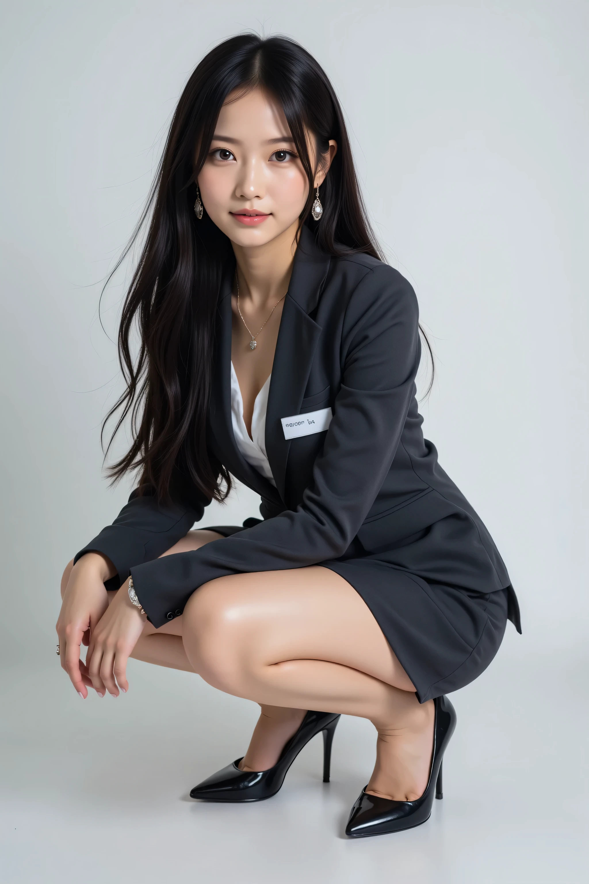 highest quality,  resting on stylish long black hair , long dark hair professional, dynamic squat pose, Office lady with super fine eyes and skin, Studio Lighting, 30 years old,  dark eyes,  refined , medium breasts,  Plump Lips, earrings, necklaces, Charcoal Tight Suit , white blouse, miniskirt, high heels, name tag,  Long Sleeve,  slight motion blur , slight motion blur, profile, Composed, Concentrated, Cowboy Shot Angle, full body