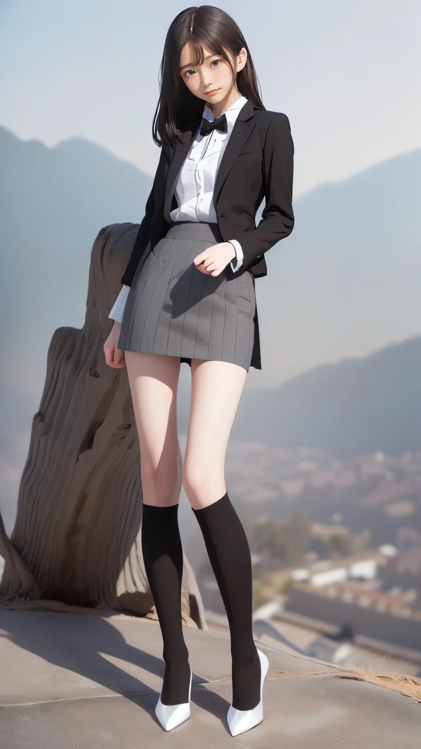( jacket, black and grey, plaud pattern, collared, wool:1.4), (shirt, white, collared , silk) (ribbon-tie, black ), (thigh garter, white, ,), ( pleited skirt,)
(skirt, black and grey, plaud pattern:1.4 ,), (thigh−high socks, white:1.2 ), (sandal, dark red , high heel, stiletto) ,
a , , tall 135 cm, 6 heads, masterpiece,high quality , gaunt, lanky, (leggy:1.2),(flat chest), (long legs:1.2), (skinny legs), (slender thighs), (slender hips), (slim waist), ( slim figure)
Photorealistic, ultra realistic, ultra high definition,
Increase saturation, (POV shot), (from front), (from below), (looking down, watching at Viewer), (full body shot:1.4),
Cute Japanese idol, anatomically perfect, pale skin with perfect figure, cute face , beautiful expression, lively face, beautiful hairstyle, realistic eyes, beautiful details, realistic skin, beautiful skin, attractive, UltrA Hi-Def , super realistic, realistic, very well detailed, Japanese, medium long curly hair bangs, brown hair,bright red sexy lips, eyeliner
(she is standing naturally, her hands on her own hips,),
small village in the mountains of the Alps、Ranch、Matterhorn、mountains、narrow path leading up to the hill pasture、A tree on top of a hill、 clear
かか