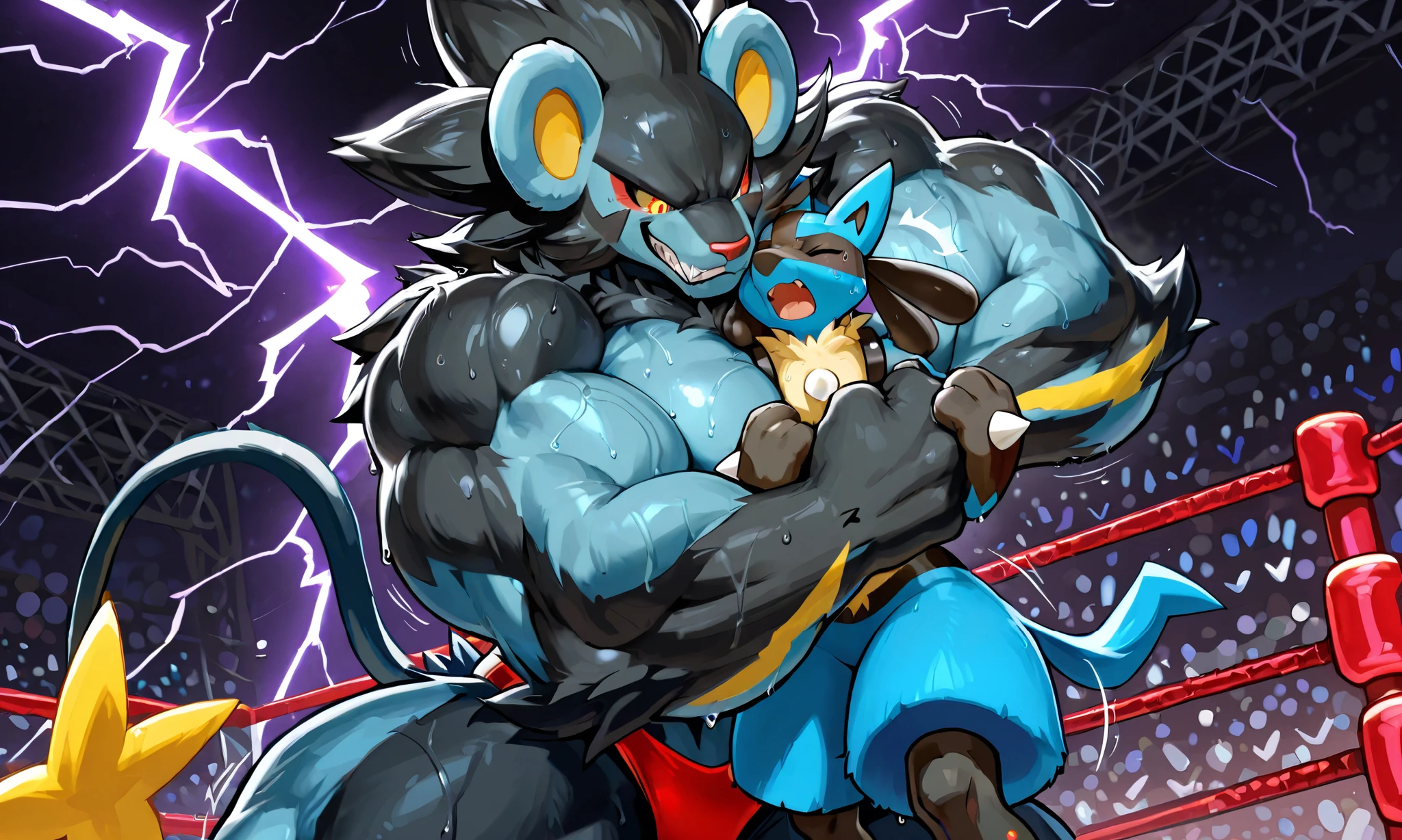 giant feral luxray, small feral lucario, wresling, side choke hold, [luxray:carrying person, head lock from side, arms around neck, heavy weight bulky muscular, giant plump strong body, venis popping, evil grin, looking each other, wearing wretling spats, sweaty], [lucario:small build, head between arms and pecs, pain, close eyes, open mouth],size difference, motion blur, motion line, wrestling background, lightning thunder trails, from below