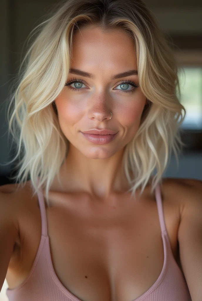 A 30-year-old woman, ((hiperrealism)) ,. short blonde hair . sad face, ((dark blue eyes)), (supermodel face), (thin face), Beautiful, Front view, selfie, photo taken with iPhone, naked, high quality, HD iPhone, (busty), ultraHD, (shot of face and breast)
