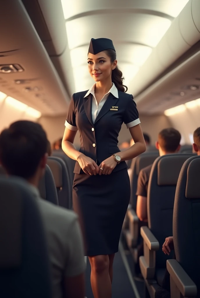 long shot scenic professional photograph of photorealistic, masterpiece, best quality, raw photo, 1girl, 23 years old, medium breasts, long hair, brown hair, wide sexy smile, exposing pearl white beautiful teeth, cosplaying Delta Airline Stewardess, collared professional airline badged uniform with cap, on-board service in luxurious First Class, B-787 Dreamliner First Class cabin, looking at viewer, goddess, long legs, open legs, from front, dynamic lighting, dynamic poses, in the dark, deep shadow, low key, intricate detail, detailed skin, pore, highres, hdr, perfect viewpoint, highly detailed, wide-angle lens, hyper realistic, with dramatic sky, polarizing filter, natural lighting, vivid colors, everything in sharp focus, HDR, UHD, 64K