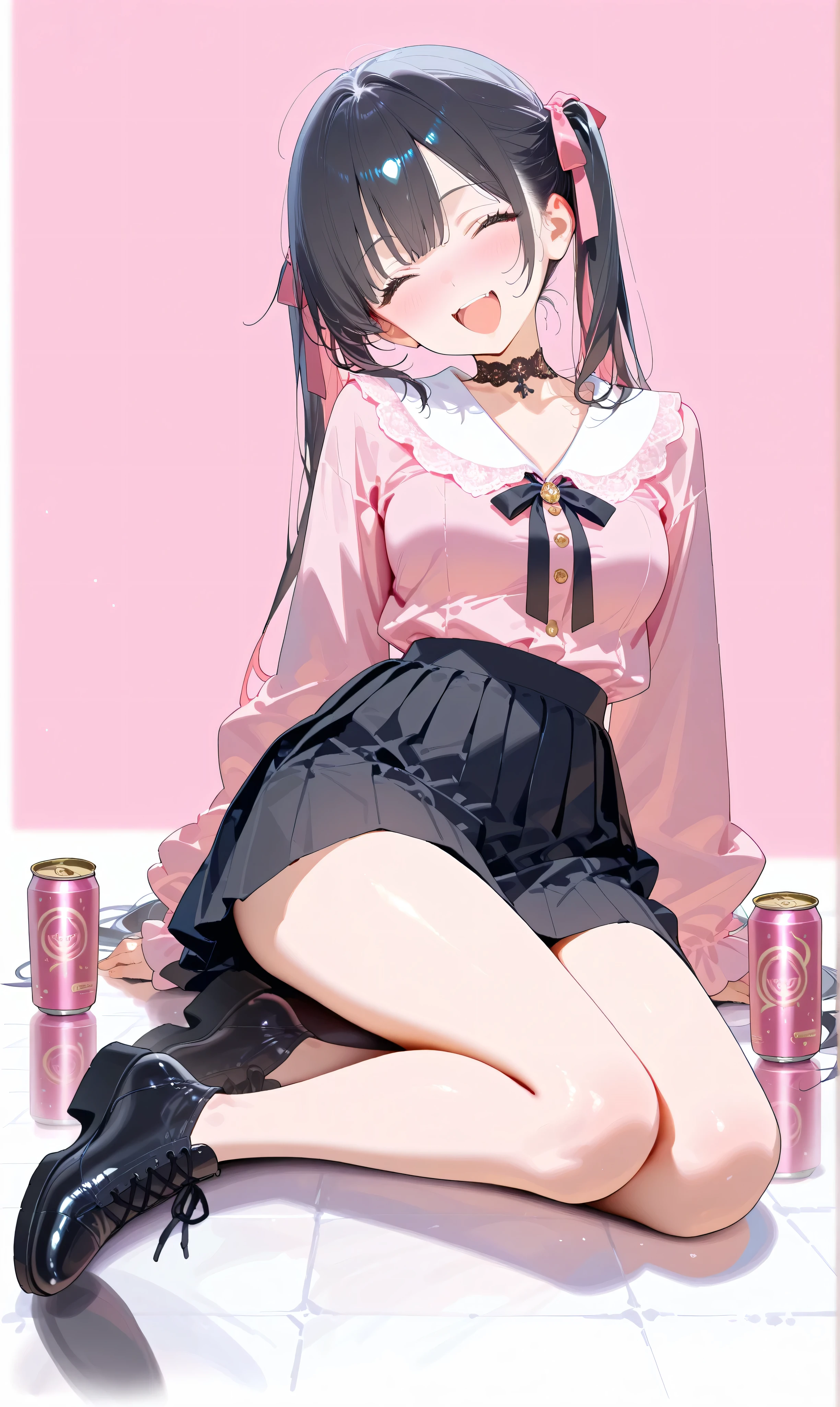 (watercolor: 0.5), ( pastel : 0.5), laughing while sitting , black hair with blurry pinkish highlights、holding a can of drink, long twin tails , sitting on the ground , Soft brush , tilt your neck, pink ruffle blouse , black pleated skirt , drink can ribbon accent , Black Lace Trim , pink and black aesthetic , cute Japanese fashion , white minimalist background , video viewers , Drink from a can with a straw , Holding a drink can, full body view. , beautiful, masterpiece, high quality, 4K UHD, ridiculous