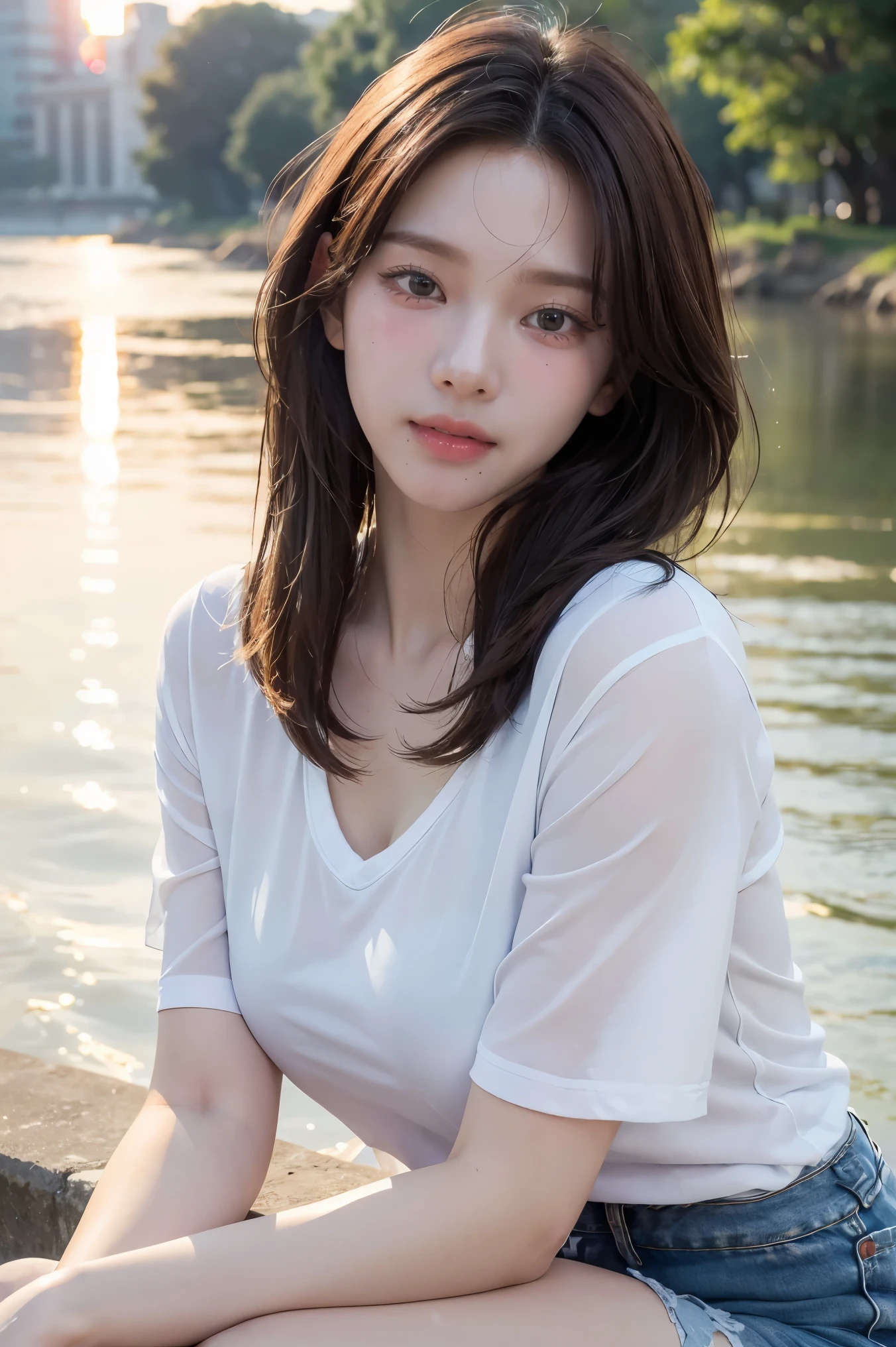 (highest quality, High resolution, masterpiece:1.3)
evening, sunset, girl, White shirt, Denim skirt, Realistic, Ultra-detailed, Slime-ified,
Sitting on the bank of a river, Hold your cheeks with both hands, Upper Body, Face Focus, Look at the viewers, Shiny brown hair, short hair, Brown eyes、smile、,
Dynamic light and shadows that break, High resolution, Sharp focus, Depth of written boundary, Detailed eyes,