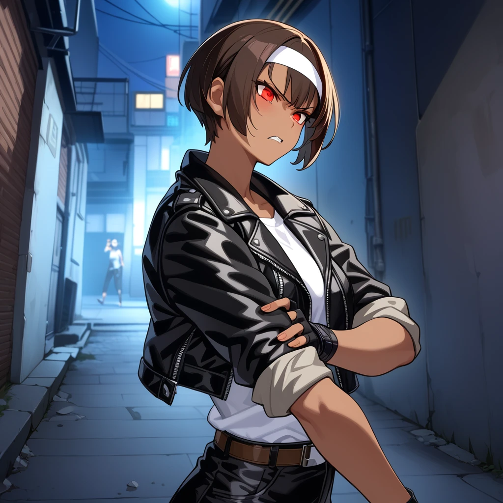 Stance for battle, (Paint splatter on background), (He has a huge sword in his right hand), (masterpiece, Side light, Detailed red eyes: 1.2), ((Highest quality)), ((masterpiece)), (Very detailed:1.3), anime, young, Erect nipples,Small box, Childish body, ((Red turtleneck sweater)), Exposing shoulders, (Long sleeve white open coat), oversized pants, Black trousers, Pale skin, (Shadow Eyes, Dark Eyes), (Grin, Mischievous Smile, Proud), (short〜Medium Hair, Brown Hair, Messy haircut, Hair between the eyes, Hair clip on the left), Earrings, red tat on left hand, scar on left hip, alone, One person,