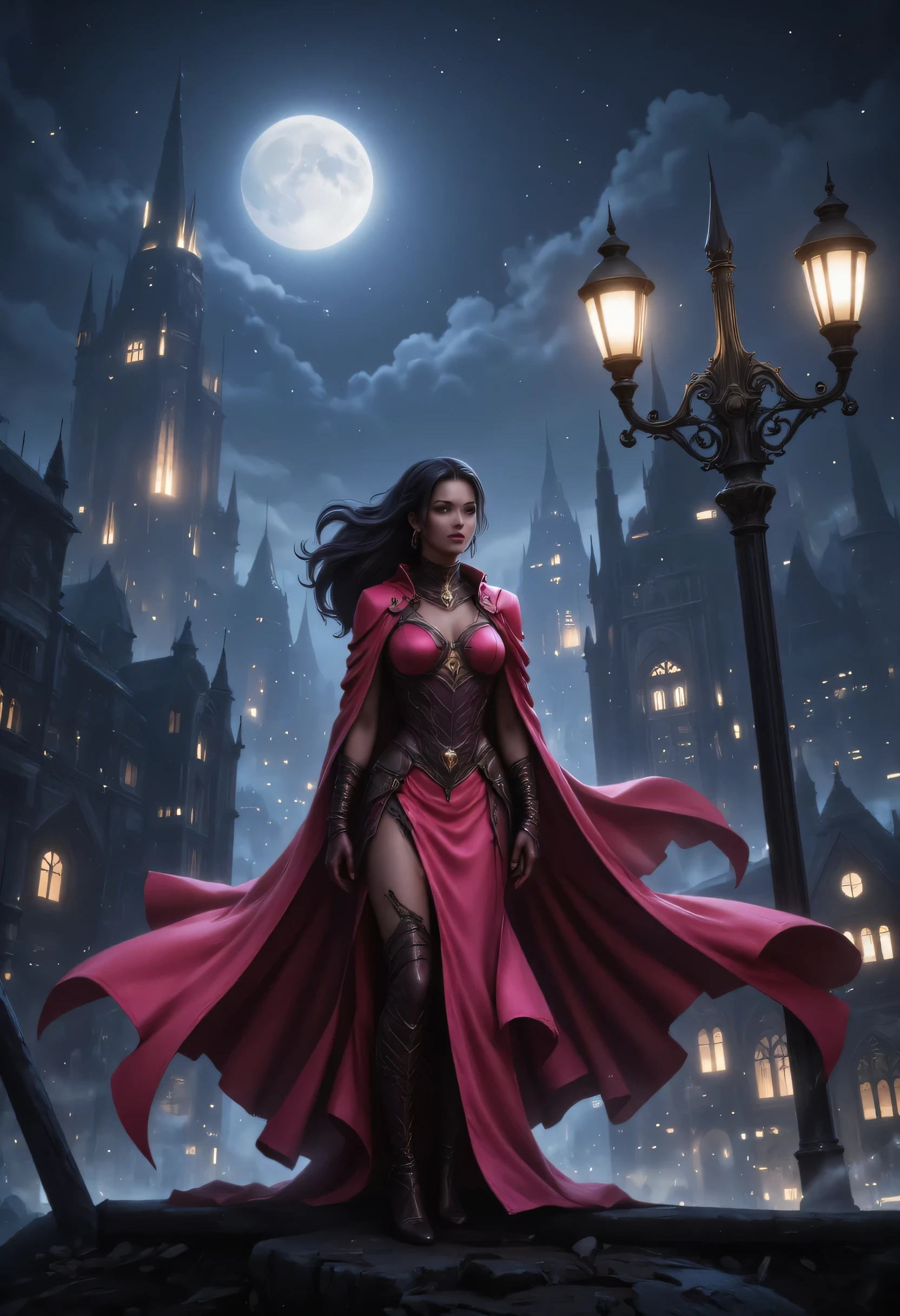 comic art, fantasy art, RPG art, ultra wide shot, a picture of a mysterious woman standing under the streetlamp, in the big city, a beautiful mature woman, elegant woman, dynamic hair color, dynamic hair style, wearing intricate pink silk dress,  billowing in the wind, flowing red cloak, high heels,  standing in goth city at night, goth buildings, moon in the sky, 16k, [ultra detailed], masterpiece, best quality, (ultra detailed), full body, ultra wide shot, zavy-ctcmcs, aidmaDarkfantasy