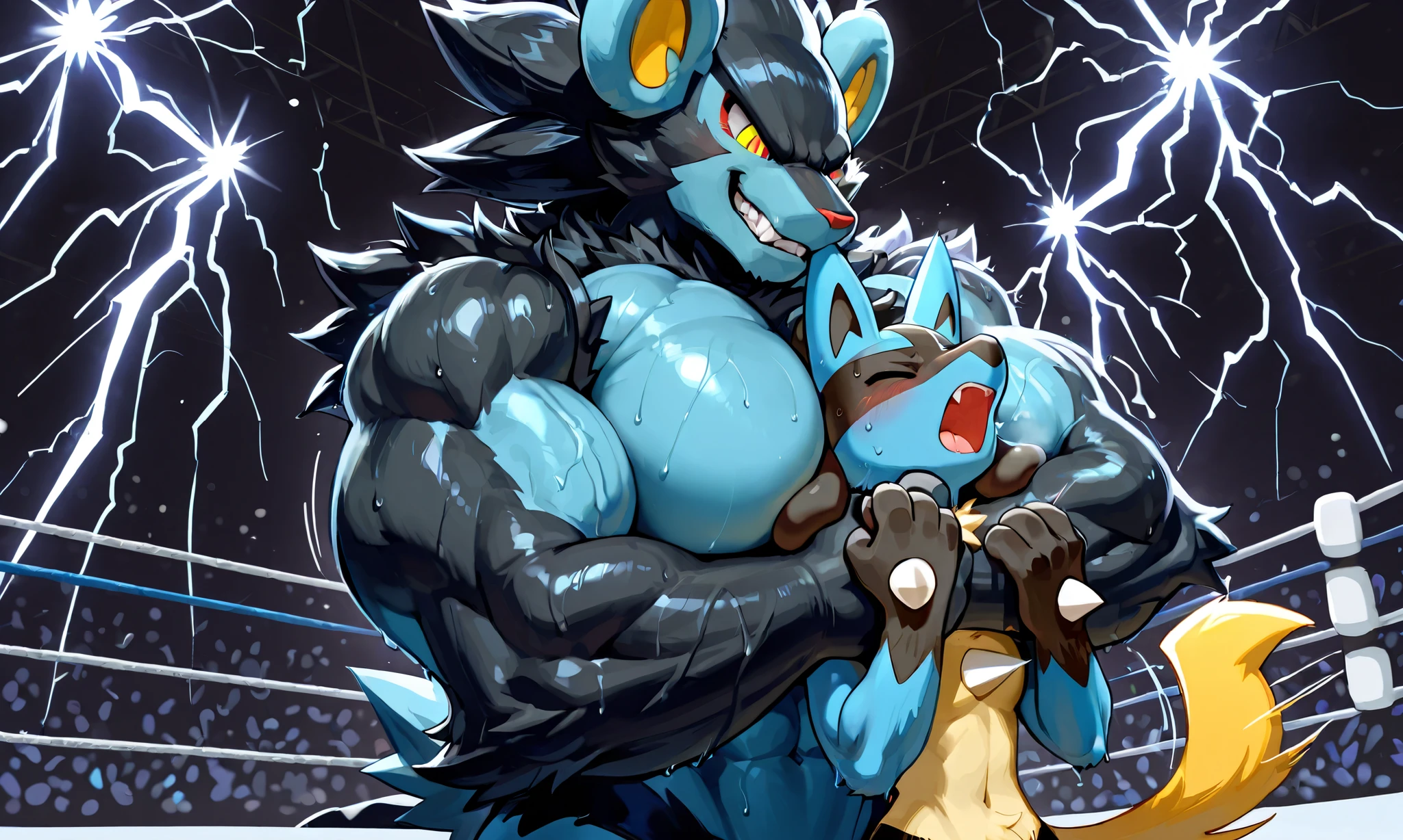 Crie um Pokémon unity Lucario Pikachu,photograph of two bearded gypsy men prisoners, wet, sweaty, strong, chubby, hugging very closely, 31 anos de idade em shorts sujos rasgados e quebrados, protuberance, barba, in a dark prison , Dreadlocks, tatuagem, olhando um para o outro, grande , sujo, feio, beef neck, muscular, peito viril, Sem camisa, misery and poverty, fotorrealista, luz difusa, ultradetalhado, 32k, view from the floor just chubby, gordinho, coxas extremamente grossas, barriga grande, wearing only swimming trunks. Masturbando, erotic sex, sexo selvagem, sexo a dois, sexo anal, sexo oral, parceiros em ato sexual. Pornografia, varied photography angles.