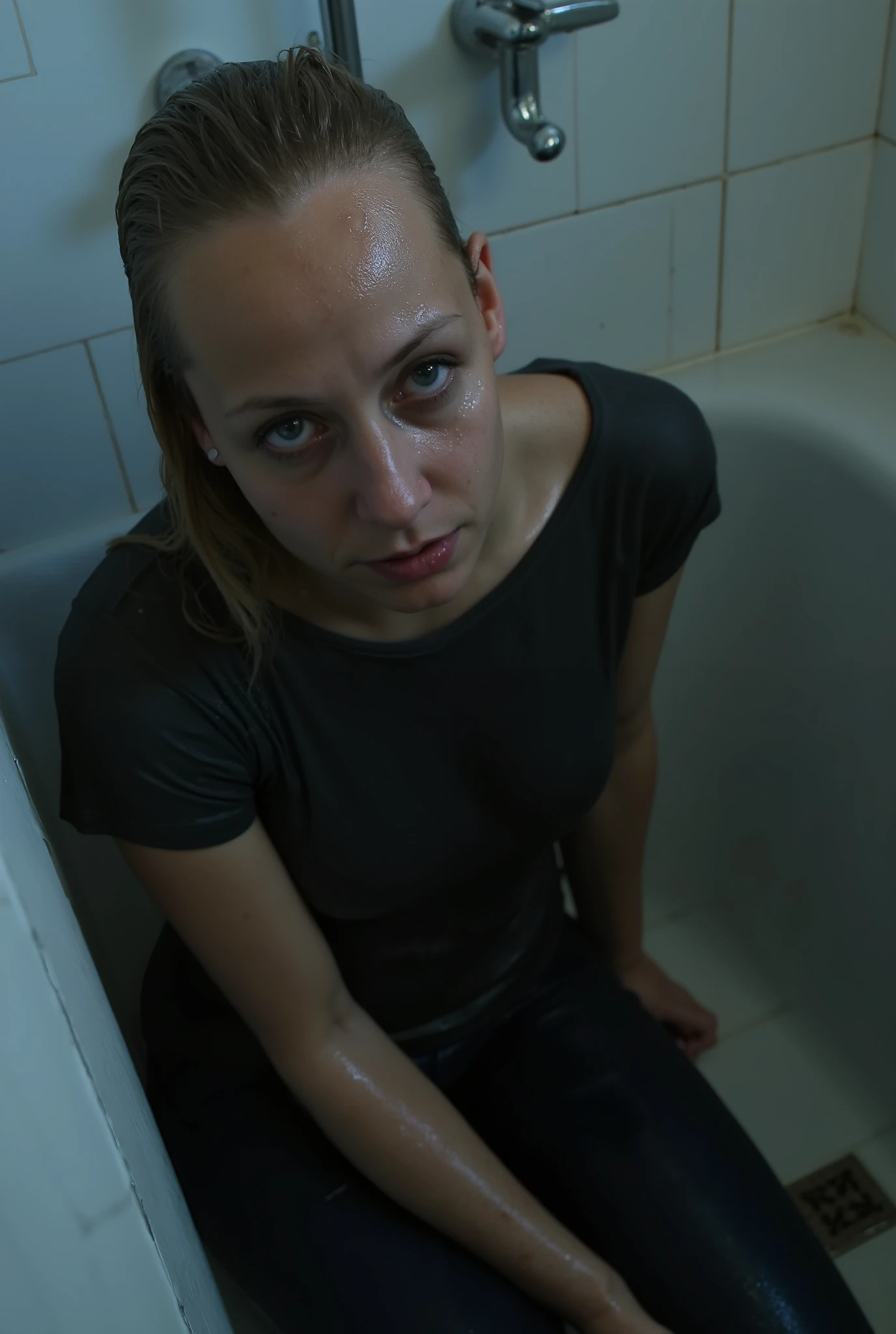 (photorealism:1.2), middle aged caucasian woman, (age 38:1.5), uncomfortable pose, realistic, intricate details, warm colours, blonde white hair, shoulder length bobcut hair, rough face skin, short height, thick thighs, sweaty, sweaty, textured aged skin, visible tanning lines, small breasts, skinny-fit, dog collar, black blindfold, mascara tear marks, aged face skin, in a dark basement, squatting on the ground, sweaty, dirty, (naked:2.2), pov from above, spotlight from above, mouth wide open, emotionless, streaming tears, crying, black tears, full body visible, hands above head,