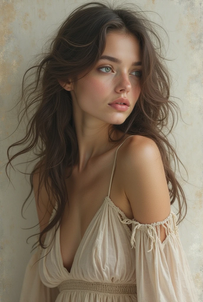 1 fille aux longs cheveux brun avec balayage,corps et tete, breast no, realistic body not too big breasts