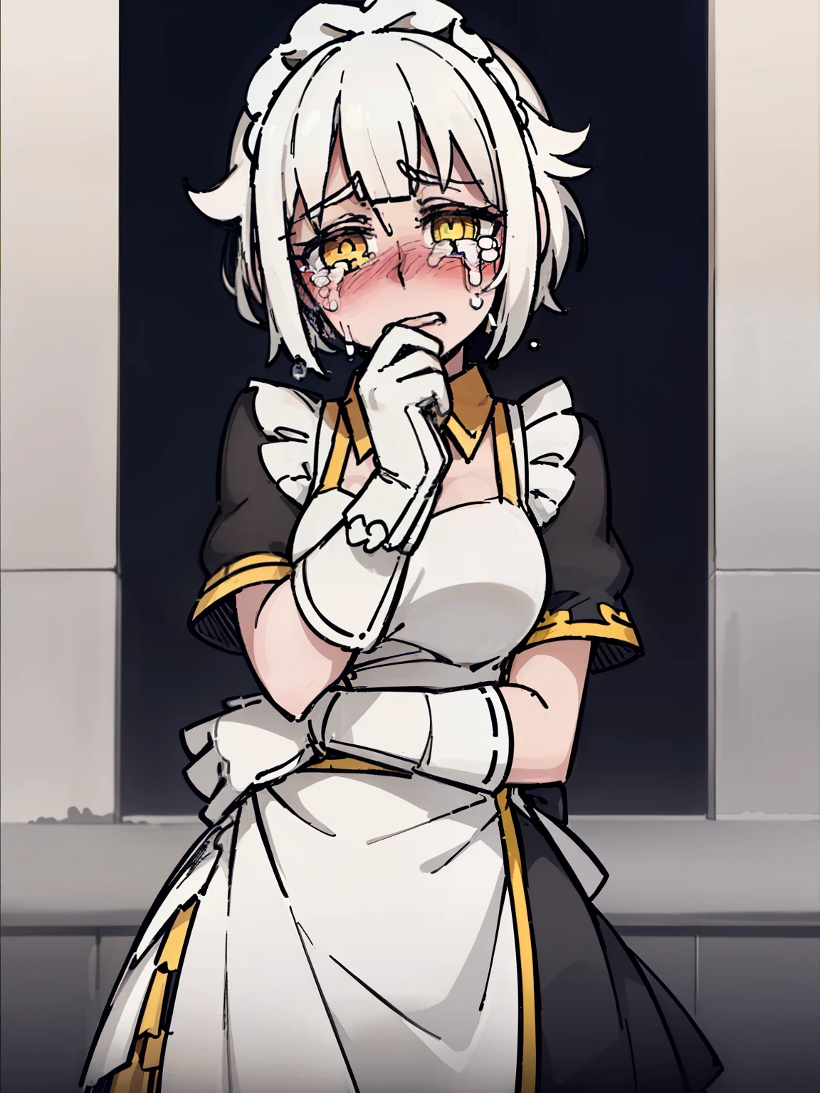 A girl frontal,((full bodyesbian,Long curly white hair,the maid outfit,streaming tears)),Calf white silk,Put your hands in front,Young, White background