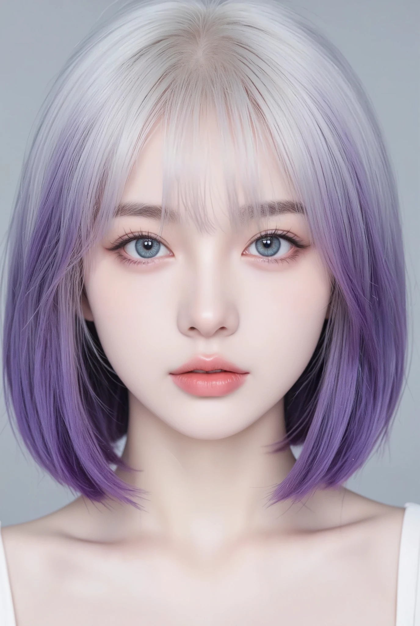 *A highly realistic and lifelike portrait of a young woman with a captivating and unique appearance. She has large, bright blue, almond-shaped eyes with a slightly slanted, Korean-inspired look. Her skin is fair, smooth, and flawless, with beautifully shaped, full lips. Her hair is short, straight, and reaches her shoulders, with a neat fringe. The hair color transitions clearly: from the roots to the middle, it is pure white, and from the middle to the ends, it is a vibrant, eye-catching purple. She appears youthful, around 18 years old, with a blend of beauty, elegance, and innocence. The image should have an ultra-realistic, human-like quality, emphasizing the bold hair color transition and maintaining all original features and style.*