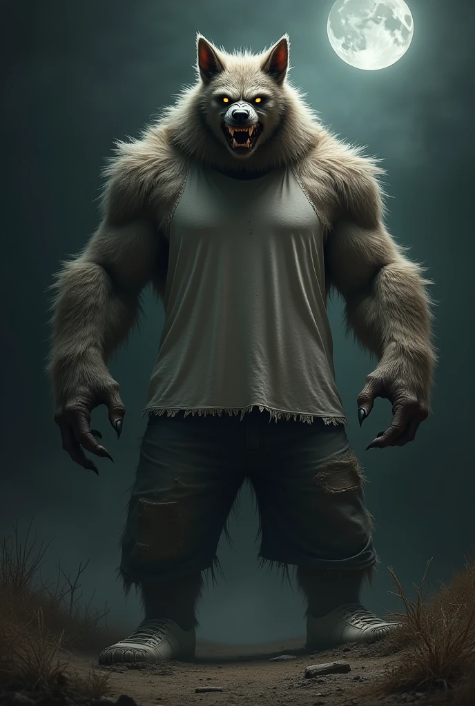 an overweight guy with black thinning hair and buzz cut and a patchy beard and glasses turning into a werewolf under the light of the full moon, highly detailed, photorealistic, trending on artstation