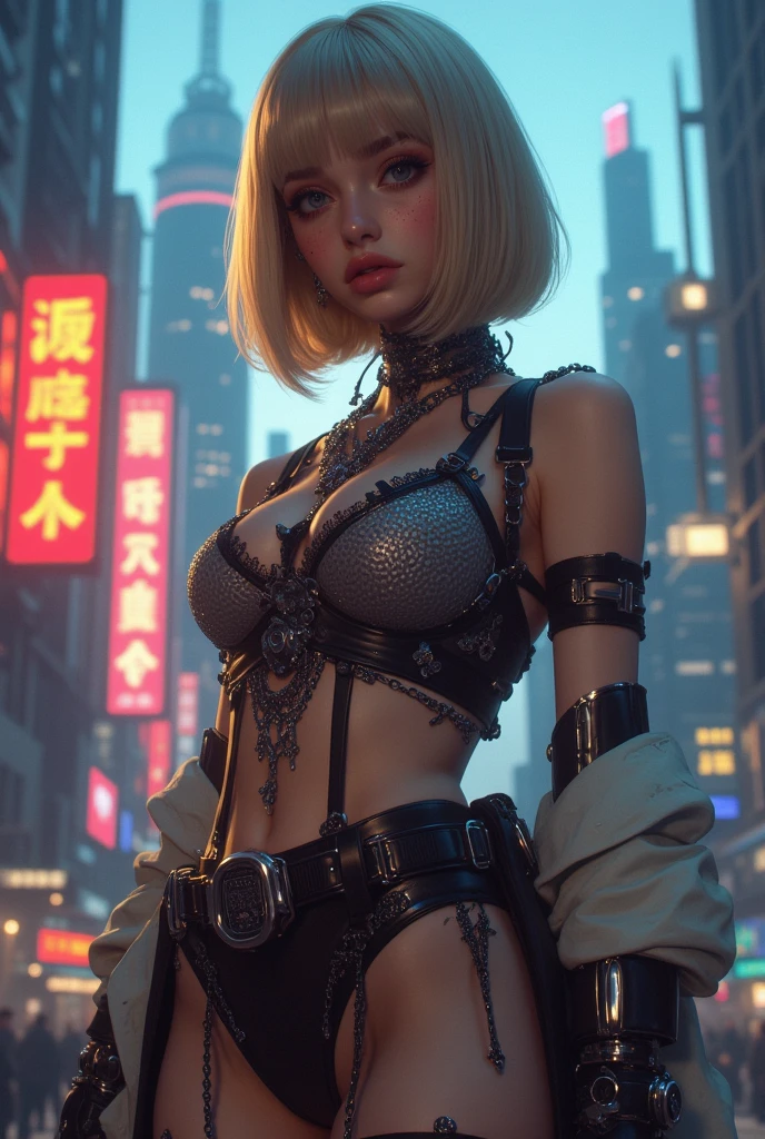 nsfw、Very beautiful woman、Slender women、(Detailed face)、Realistic Skin、((Delicate photo))，(Girl Masterpiece RAW Photo Details:1.25), (Highest quality:1.6), (Ultra-high resolution:1.5), (Realistic:1.75), 8K resolution, Canon EOS R5, 50mm, Absurd, Ultra-detailed,Cinema Lighting、One girl, 白hair,((hime_cut))、Smile、 Window Shades,((White jacket)), Chest Rig, cyber punk, ((Techwear)),I can see your abs、Bra Top、((Big Breasts))、((The abdomen is visible))